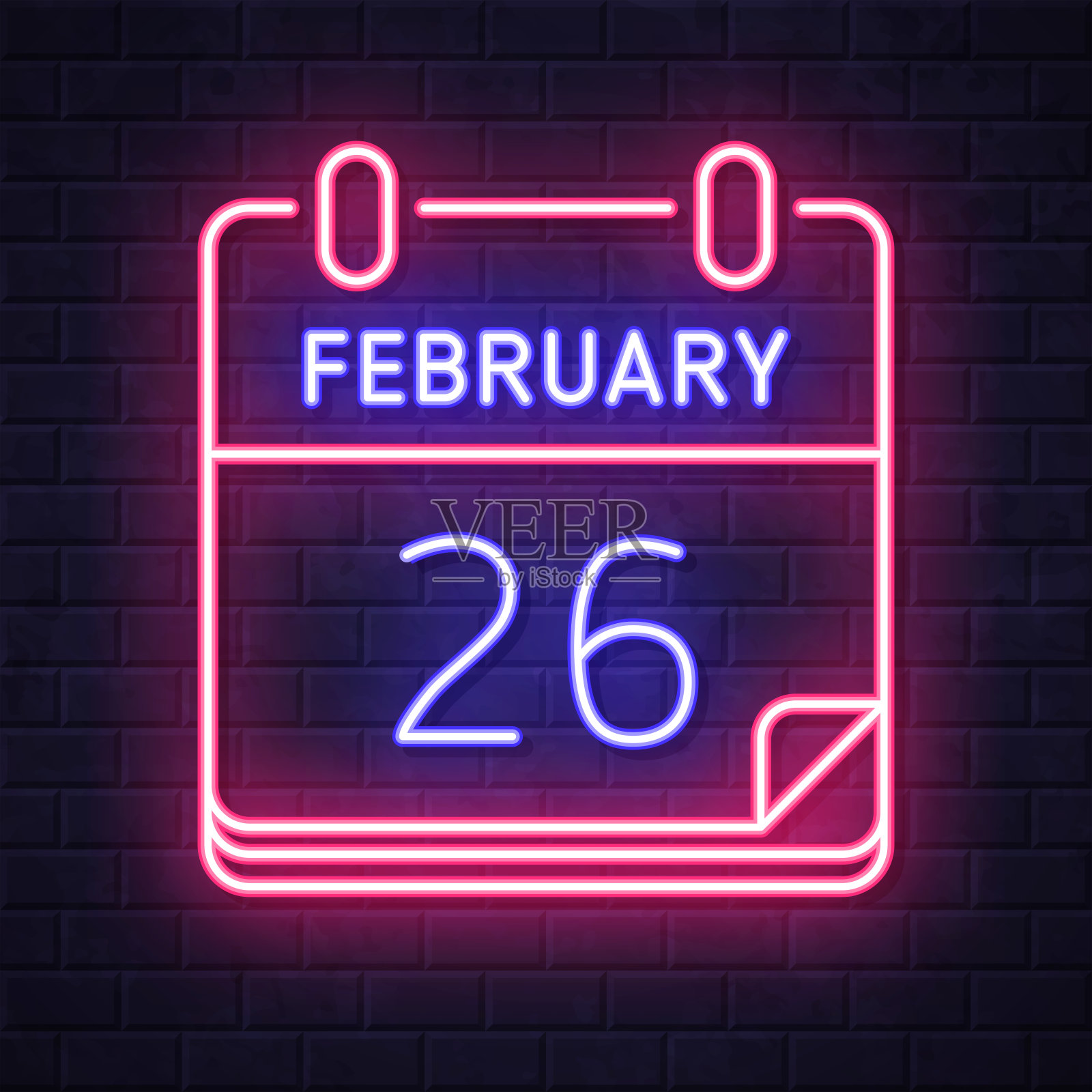 2月26日。在砖墙背景上发光的霓虹灯图标插画图片素材