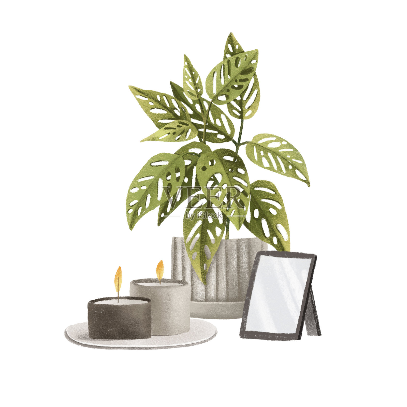 手绘水彩插图的入口安排与怪物诱饵，相框和蜡烛。舒适的家。白色背景上孤立的物体。复古的风格插画图片素材