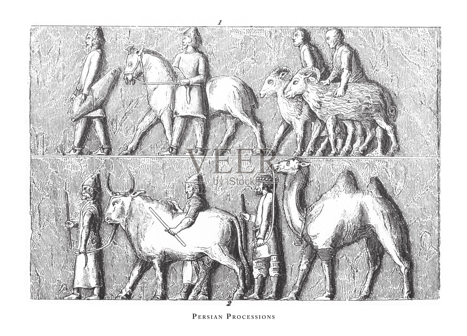 波斯游行:古代近东雕刻古董插图的宗教场景和符号，出版于1851年插画图片素材