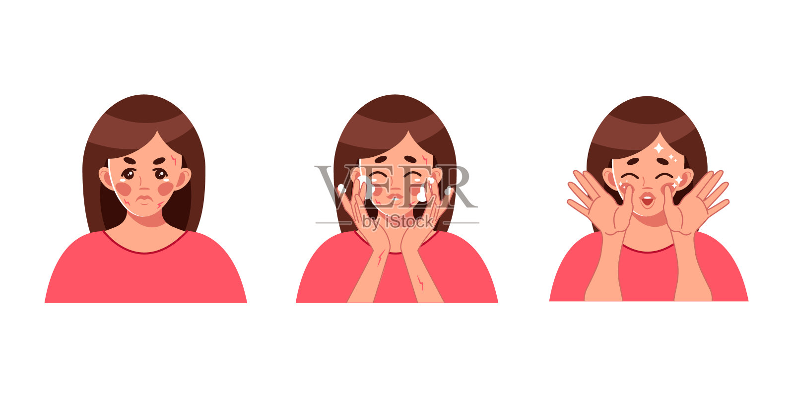 治疗皮肤干燥。一位年轻女子治疗并滋润她的皮肤。前后对比插画图片素材