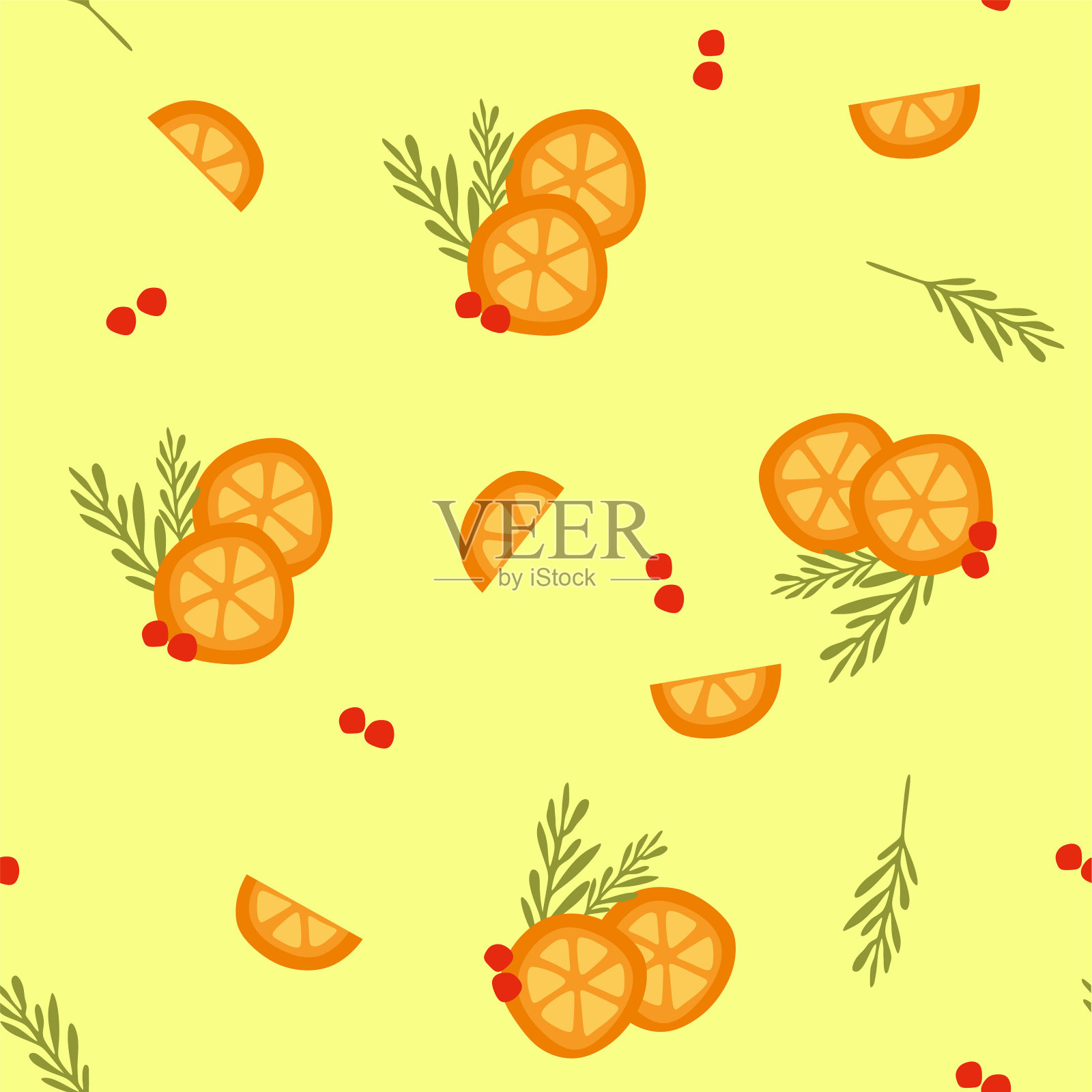 圣诞和新年无缝图案。圣诞树，红莓和橘子。新年的象征。矢量平面卡通插图，假期设计的壁纸，包装纸，横幅。插画图片素材