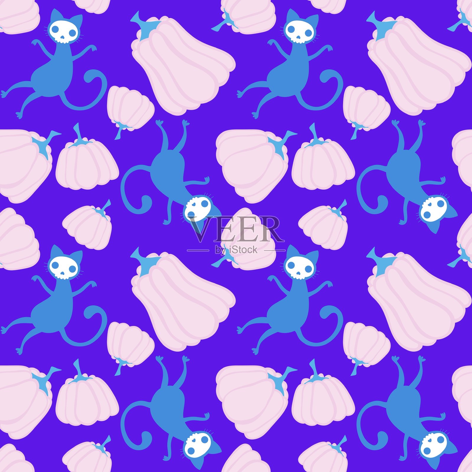 万圣节无缝猫图案用于织物和纺织品及包装插画图片素材