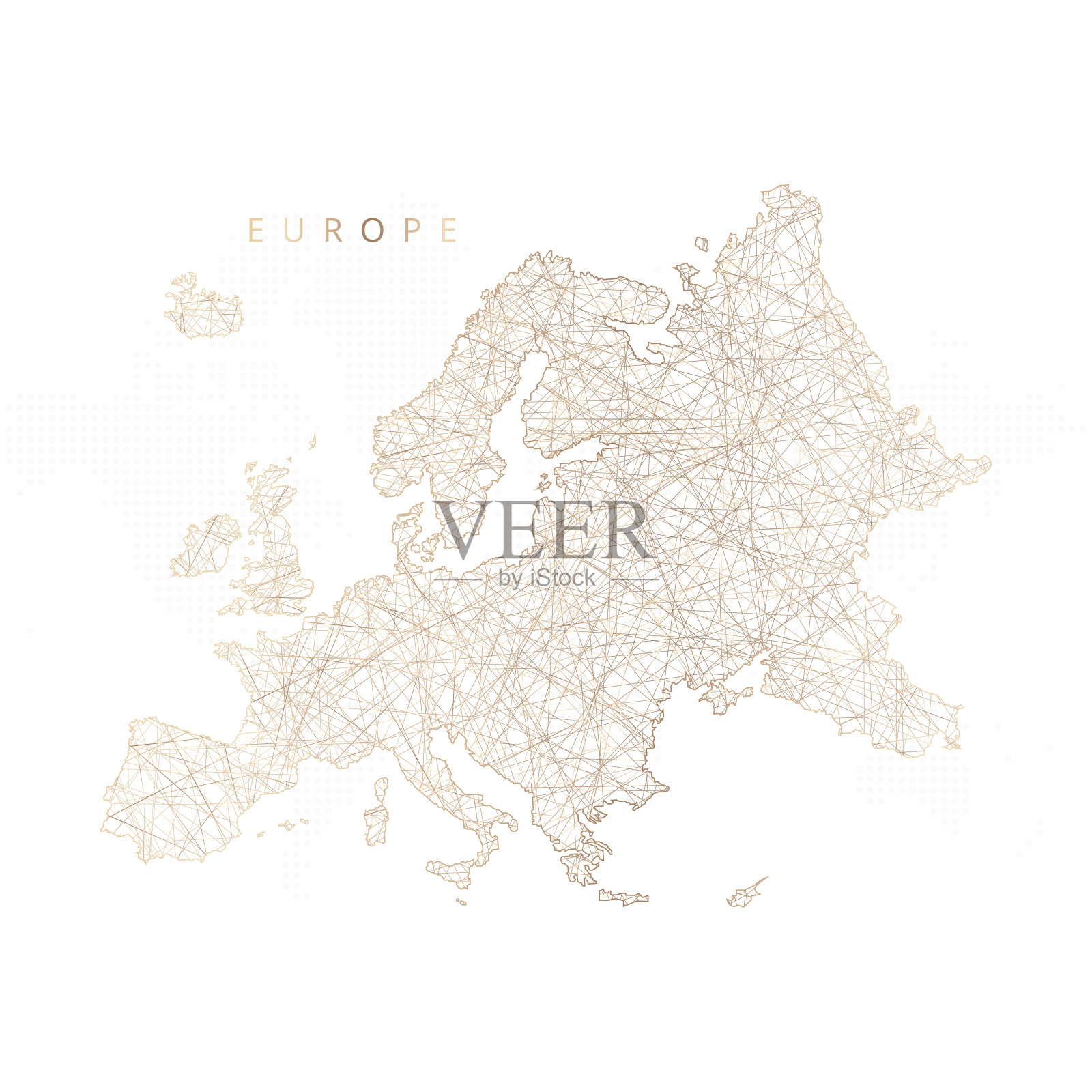 欧洲大陆的低多边形地图。金色多边形线框。闪闪发光的矢量与黄金粒子在白色的背景。矢量插图eps 10插画图片素材