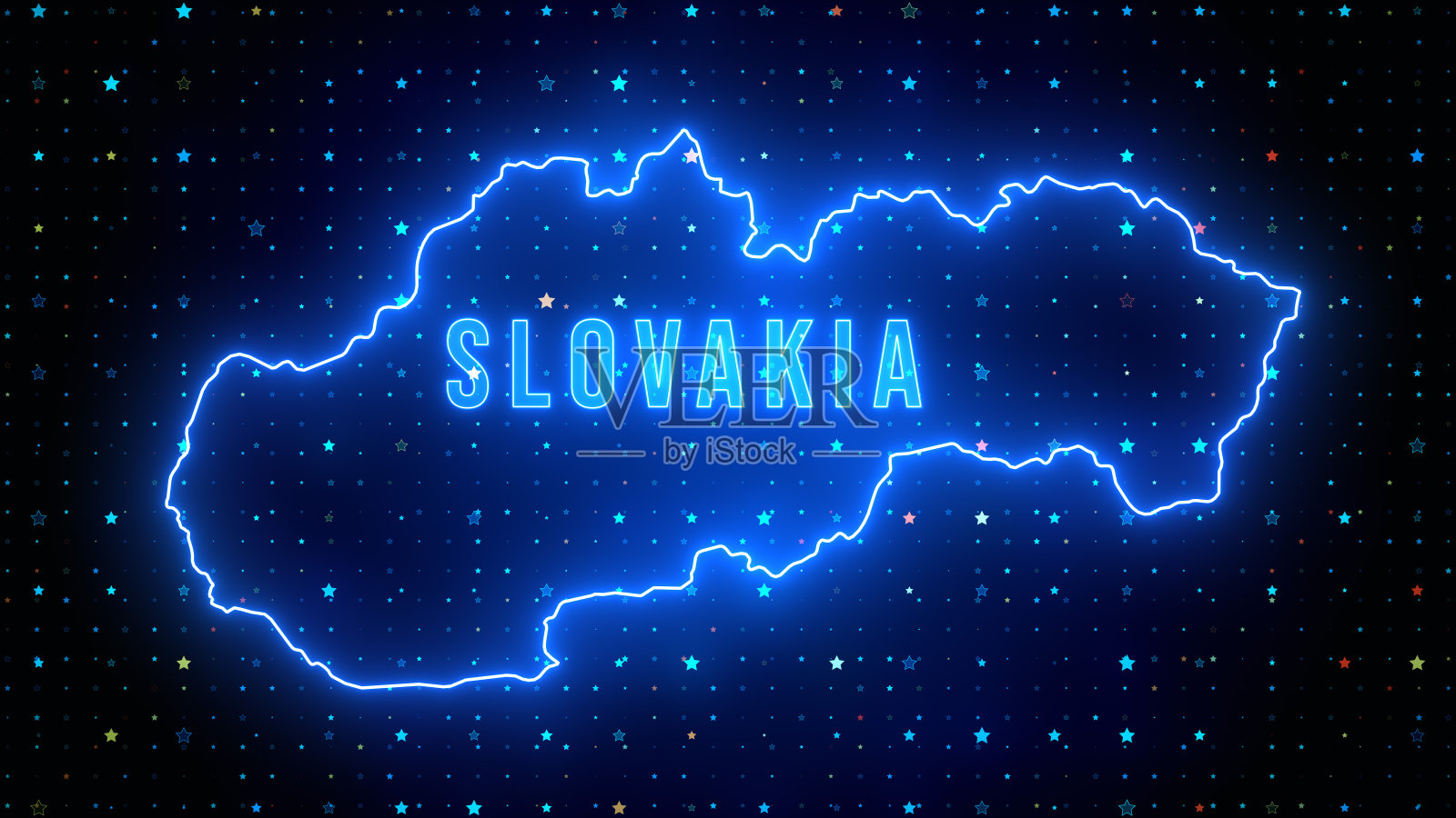 未来的蓝色闪耀斯洛伐克大纲地图和标签文本发光霓虹灯与星星闪烁网格背景插画图片素材