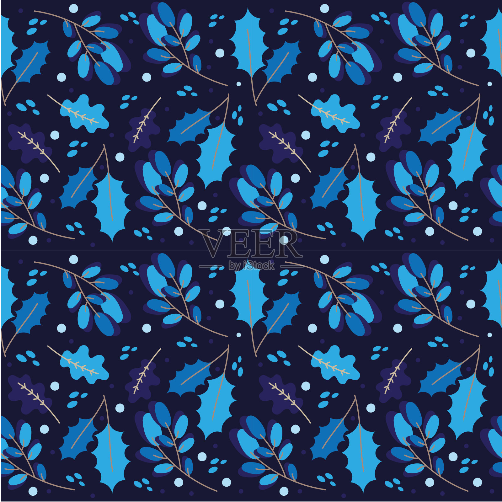 冬季无缝矢量花卉图案与蓝色的叶子。插画图片素材