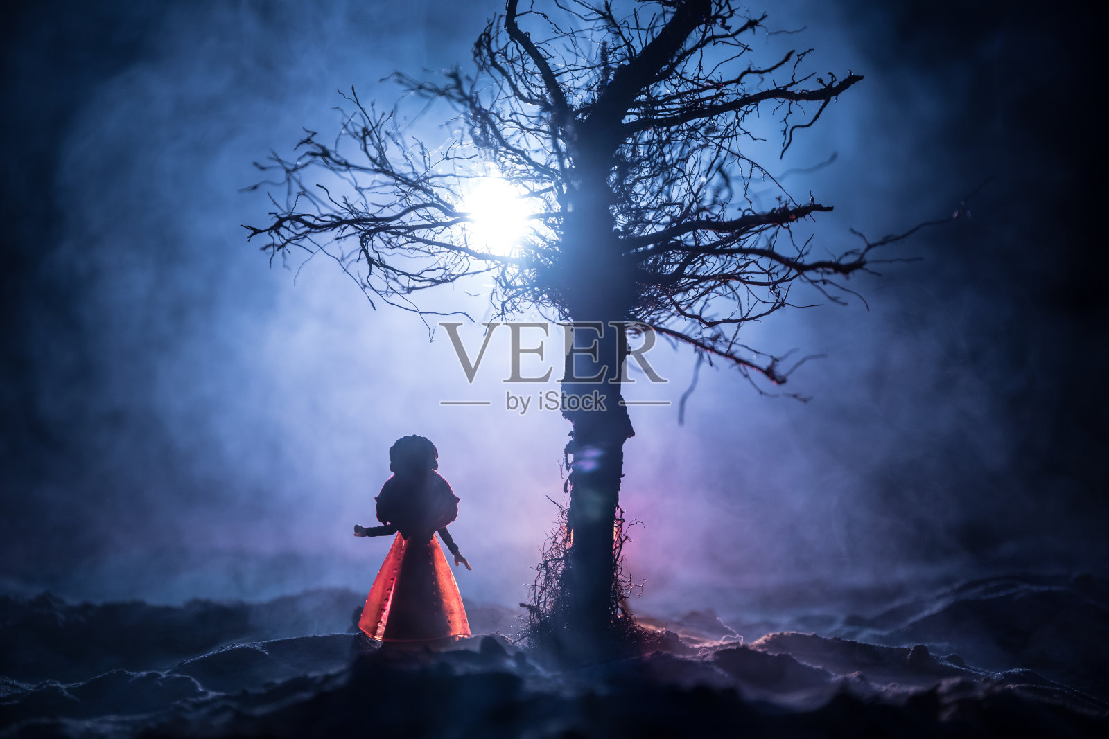 雾蒙蒙的夜晚，一个孤独的女孩在死寂的森林里。月光下女孩站在树间的剪影。恐怖万圣节概念。照片摄影图片