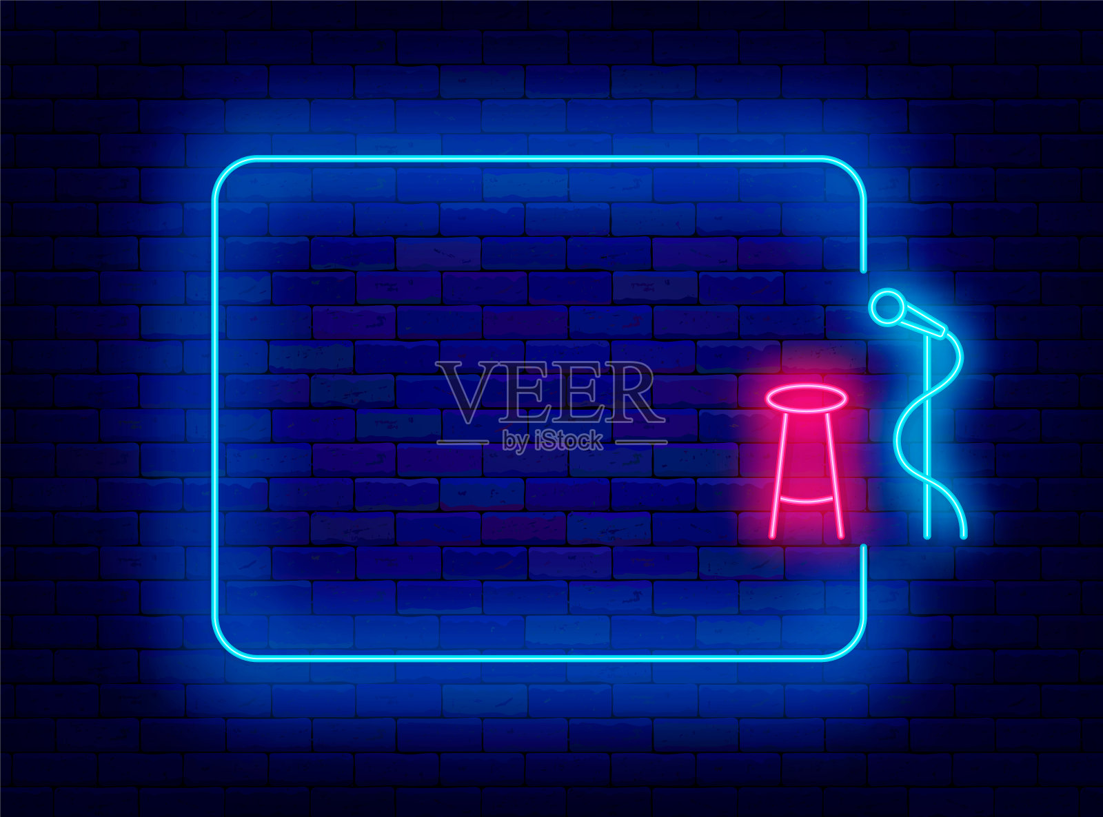 竖起霓虹灯广告。夜总会和空荡荡的白框。喜剧表演。麦克风和椅子。矢量股票插图插画图片素材