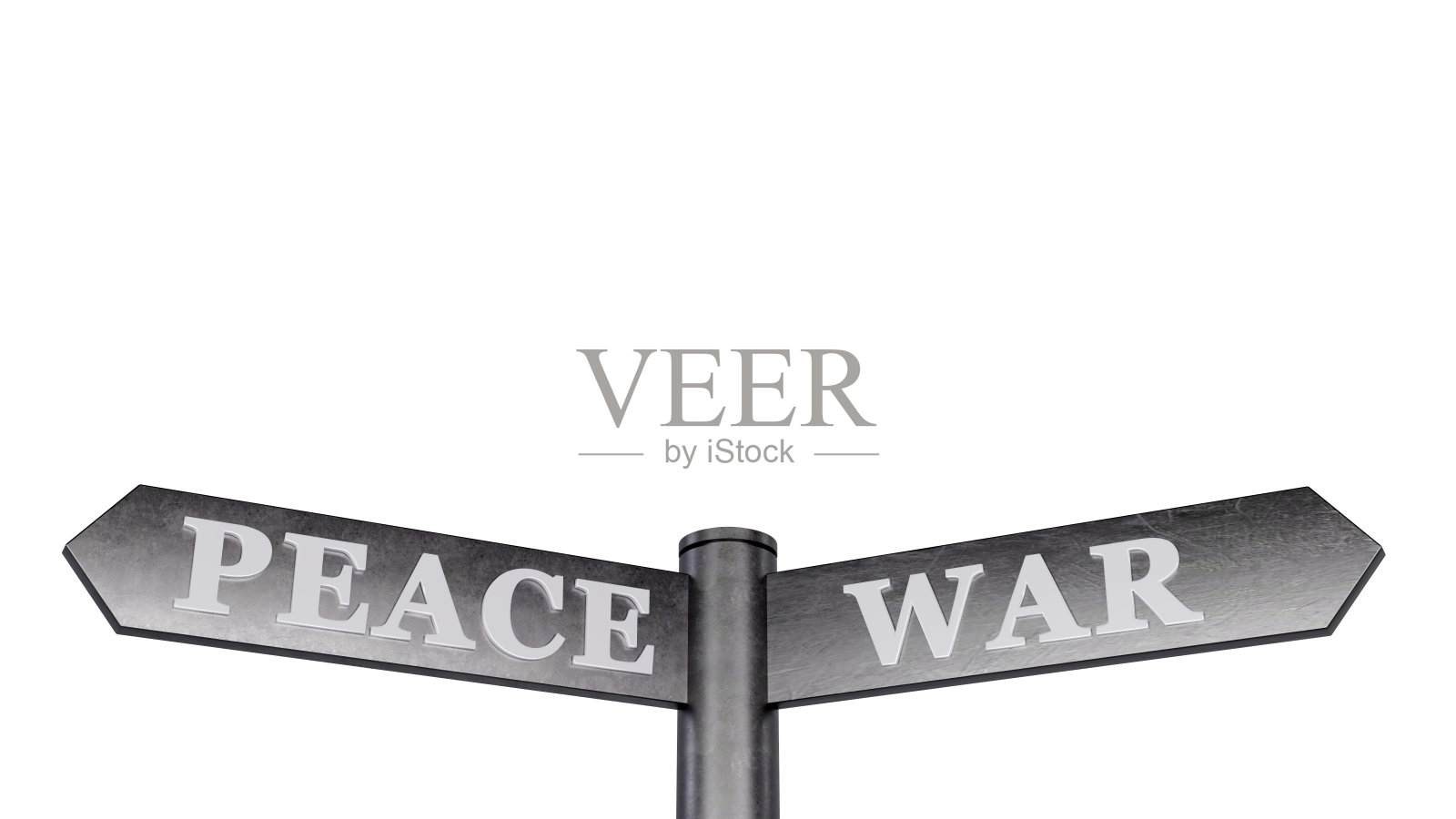 白色背景上的两个相对的箭头，和平或战争的信息，象征着没有战争和世界和平的概念照片摄影图片