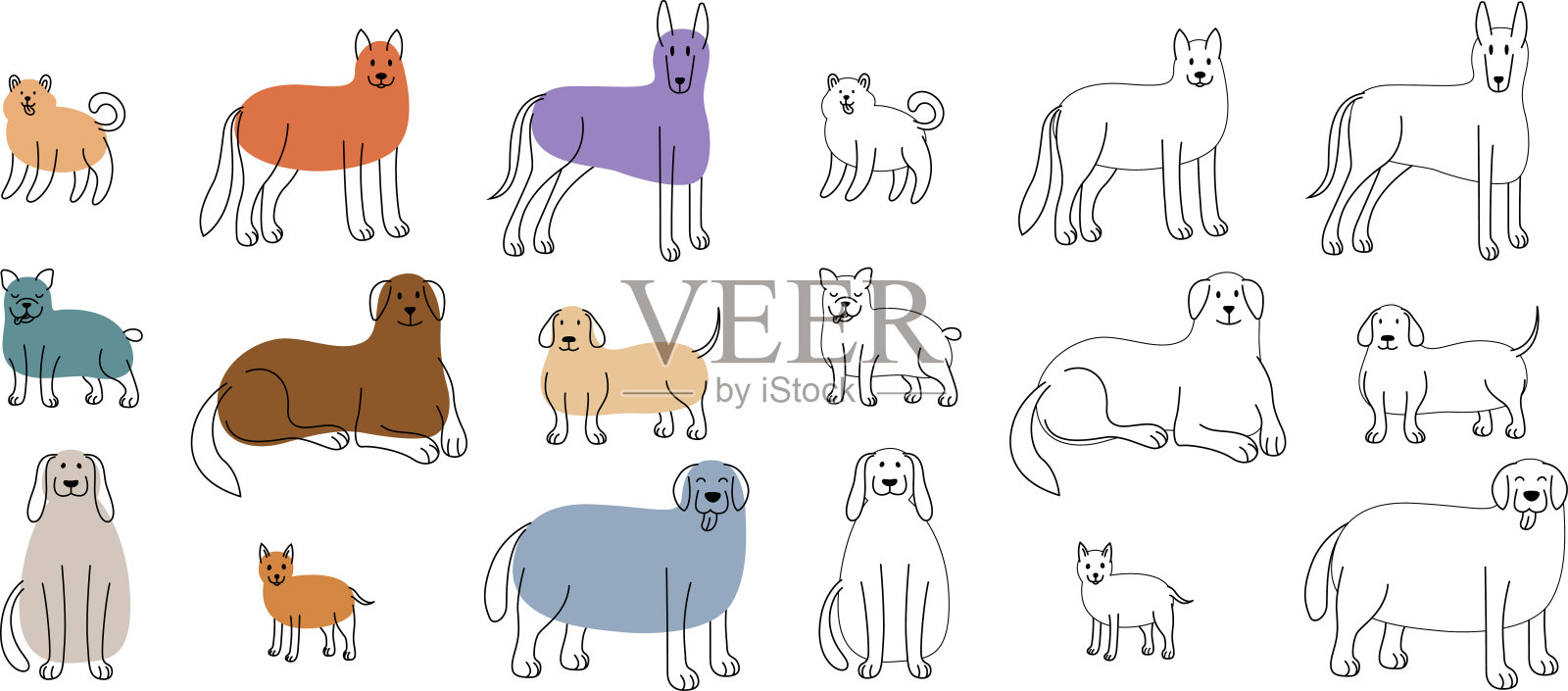 可爱的卡通狗收集。手绘插图在涂鸦风格集。插画图片素材