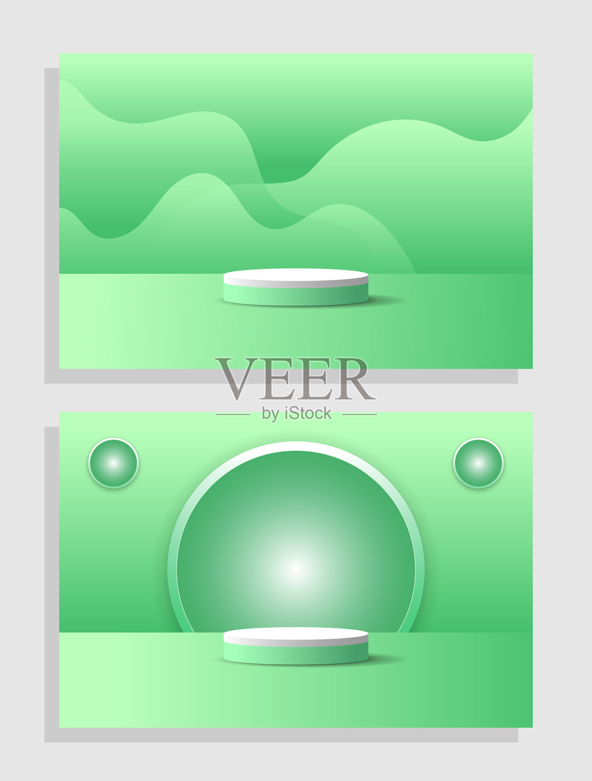 一套绿色白色的三维物体基座基座平台显示渐变色最小场景陈列室插画图片素材