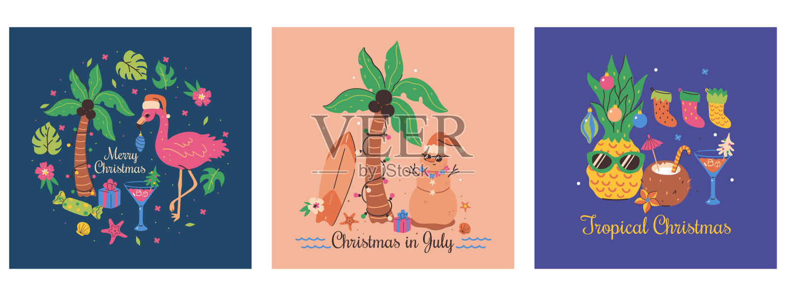 一套热带圣诞卡与火烈鸟，菠萝，棕榈树。矢量图形。插画图片素材