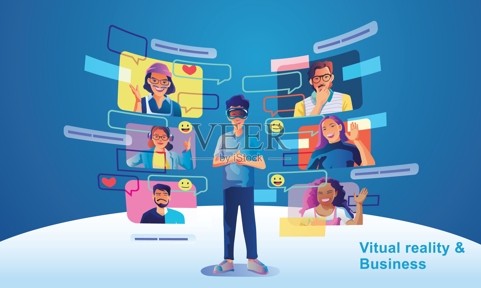 戴着虚拟现实头盔漂浮在网络空间的商人。模拟虚拟数字世界的娱乐和视觉体验。平面矢量图插画图片素材