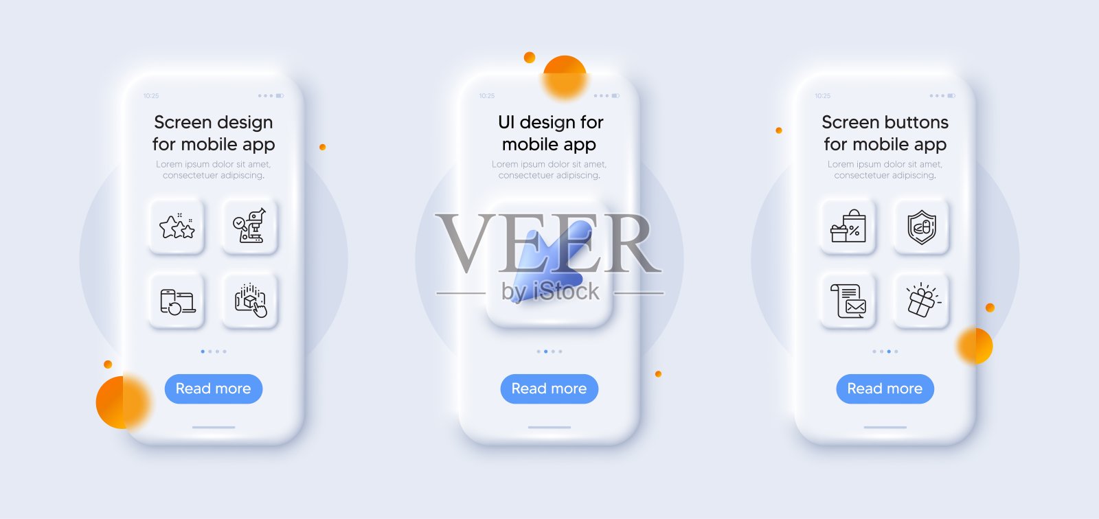 增强现实，显微镜和购物线图标包。用于web应用程序。3d手机模型。向量插画图片素材