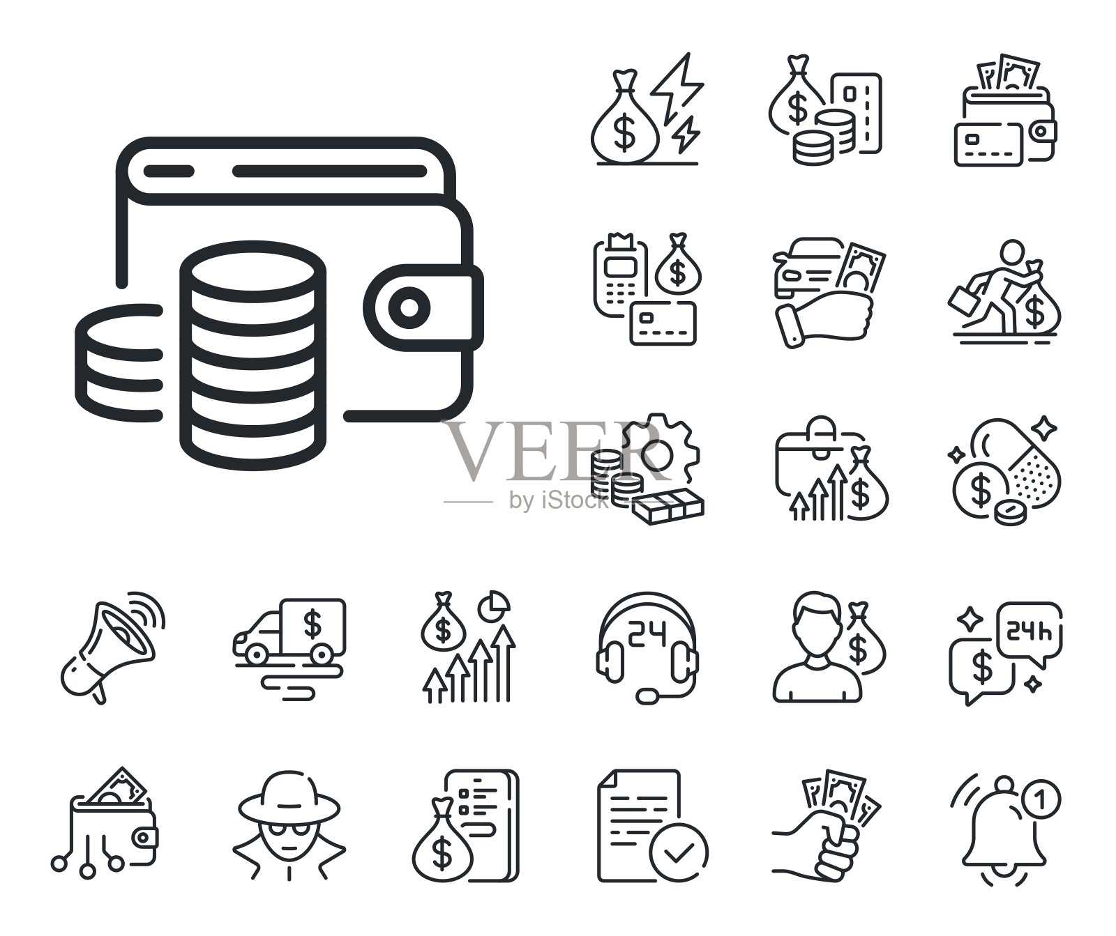钱包钱线图标。现金硬币签名。现金、贷款和抵押。向量插画图片素材