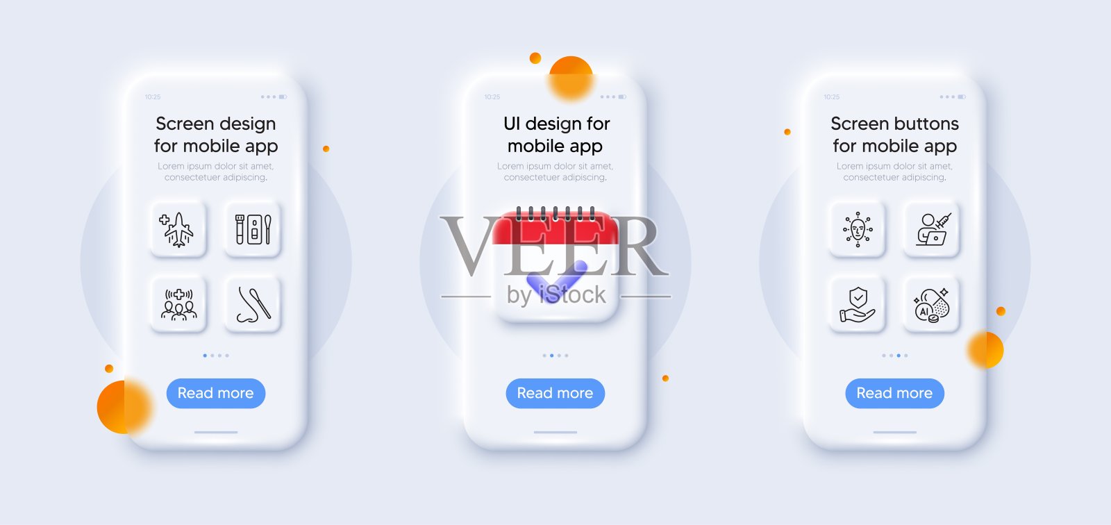 保险手、医务人员和铝矿物线条图标包，Web应用3D手机模型矢量素材插画图片素材