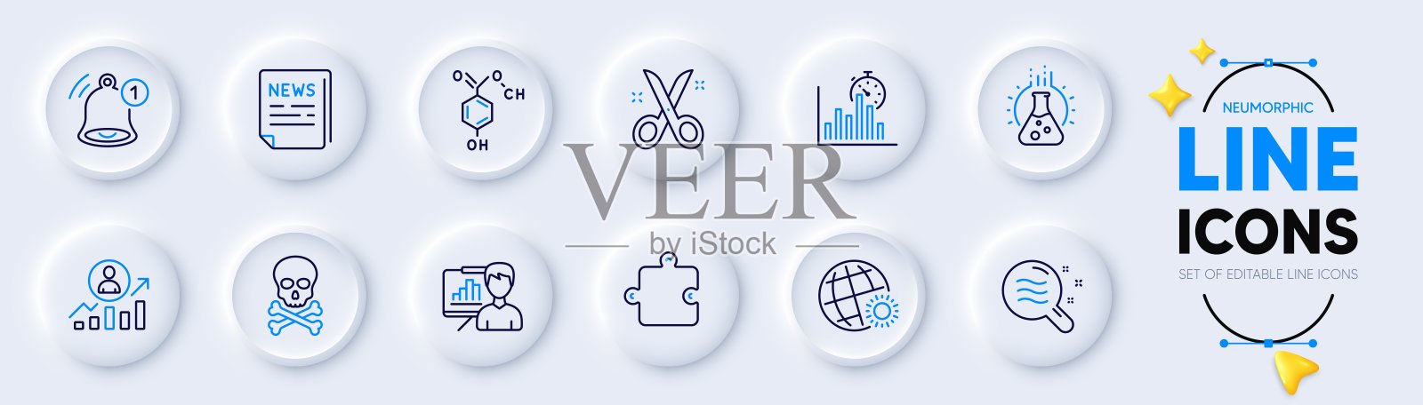 报告定时器，拼图和假新闻线图标的web应用程序。象形图标。向量插画图片素材