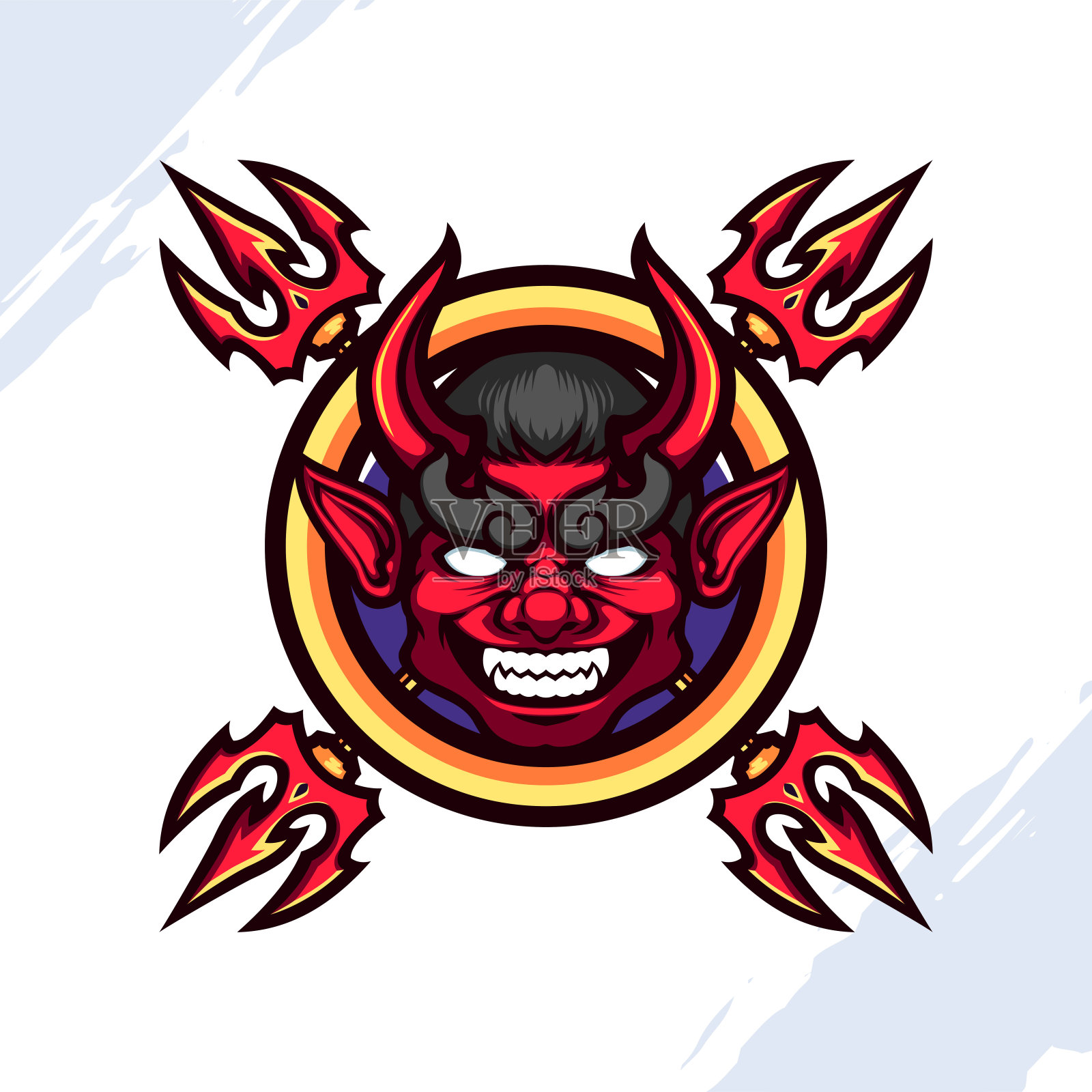 红角魔鬼头与四个三叉戟插画图片素材