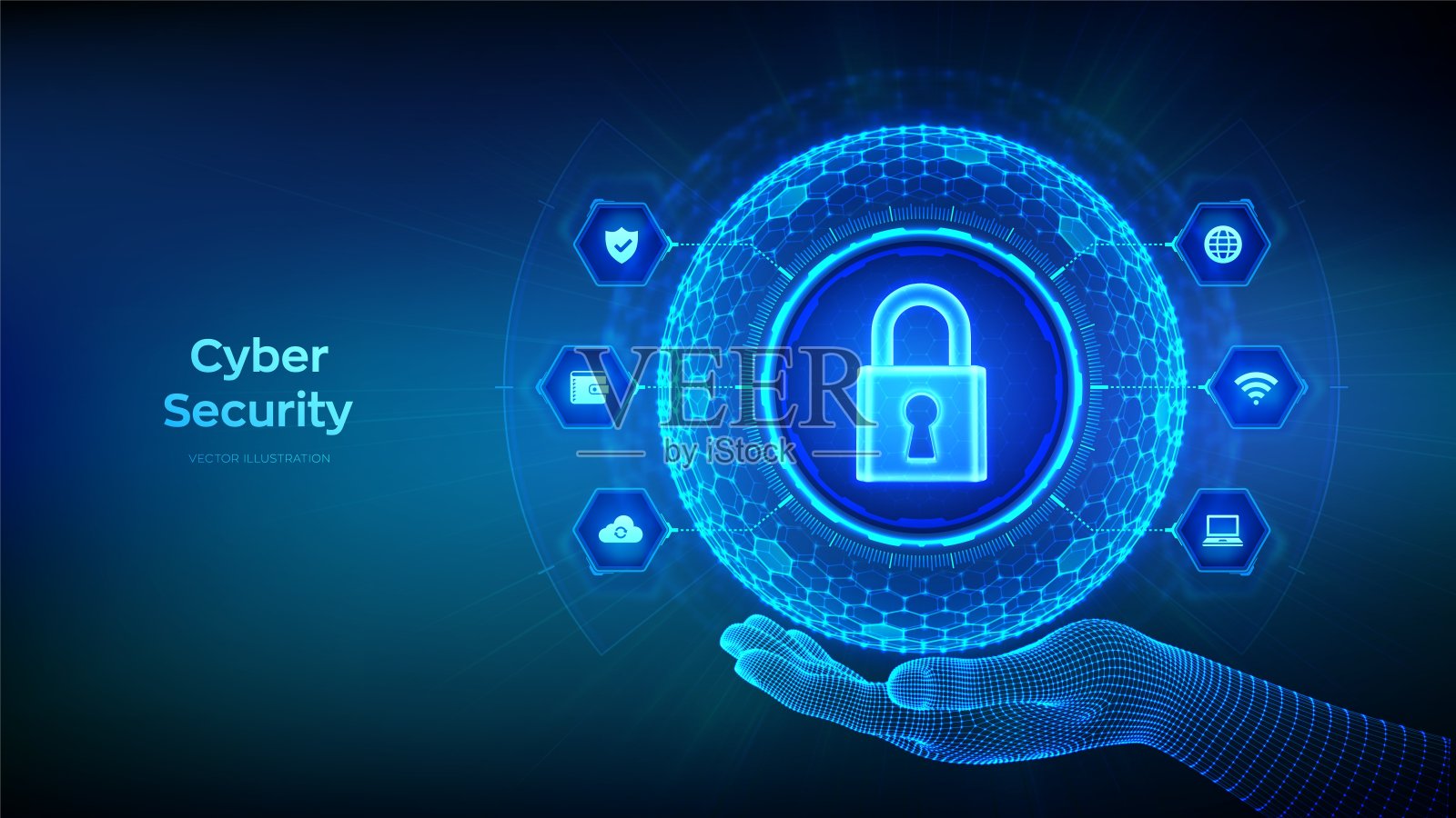 网络安全。信息保护和/或安全观。摘要线框图手中的三维球体或球体，其六边形表面带有锁图标。网络安全或网络安全。矢量插图。插画图片素材