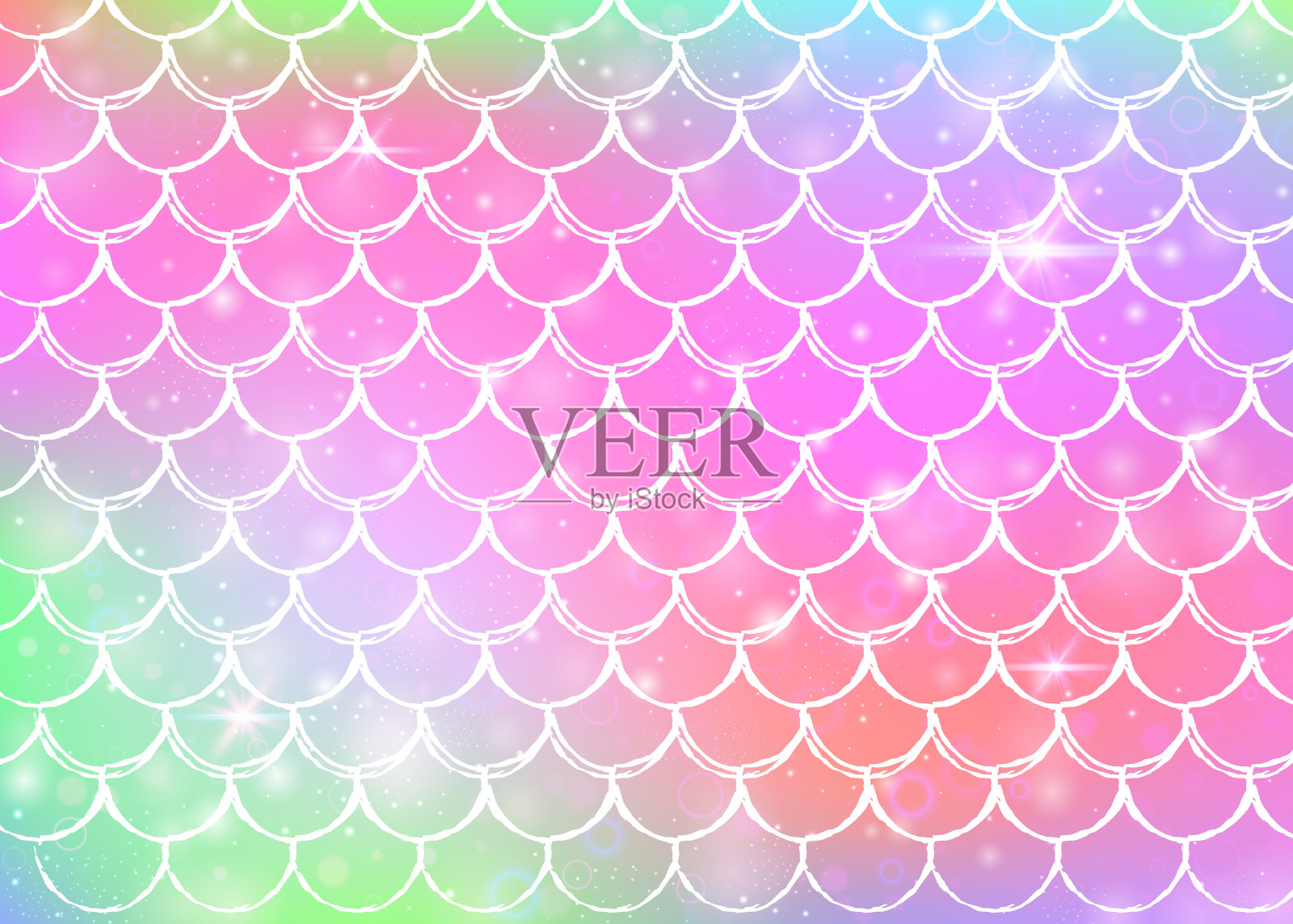 公主美人鱼背景与卡哇伊彩虹鳞片图案。插画图片素材