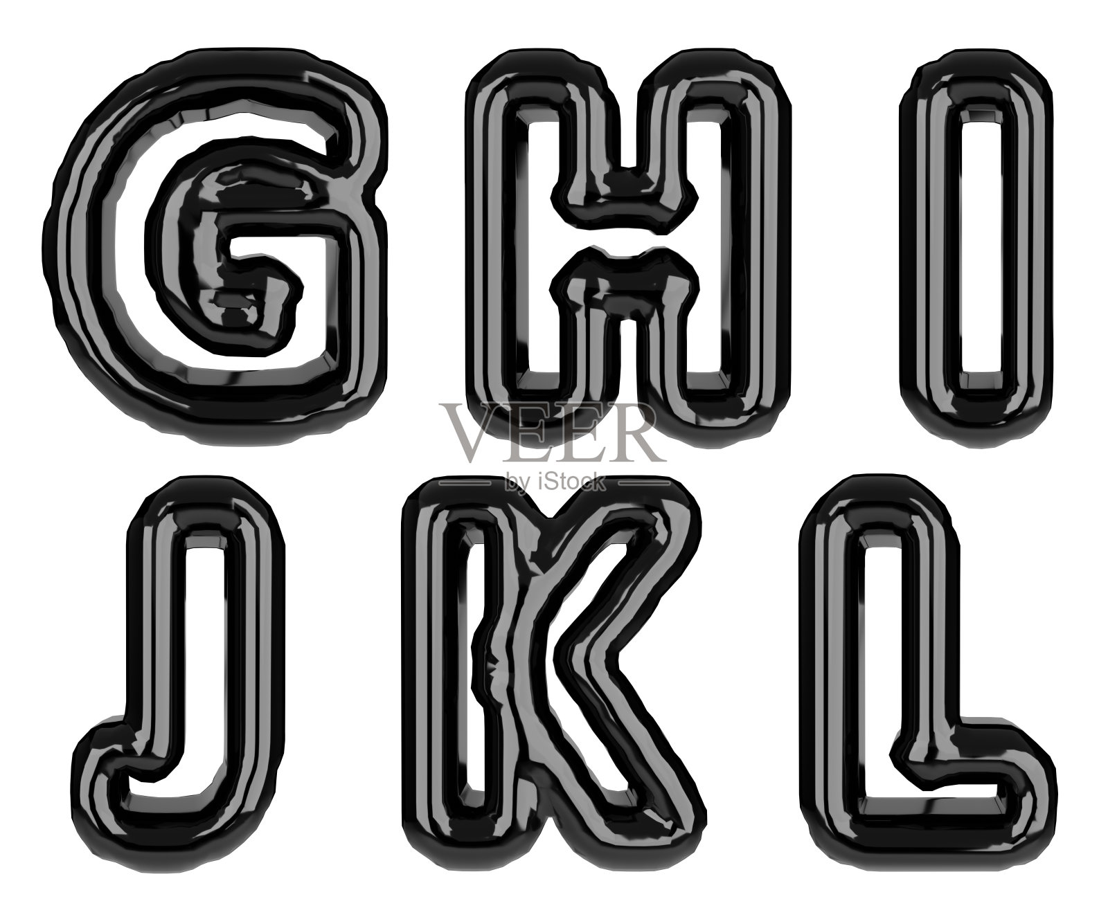 有光泽的膨胀黑色字母G, H, I, J, K, L说明。乳胶泡沫字体与闪烁的3D渲染。图形类型，排版，ABC剪贴画，字母照片摄影图片