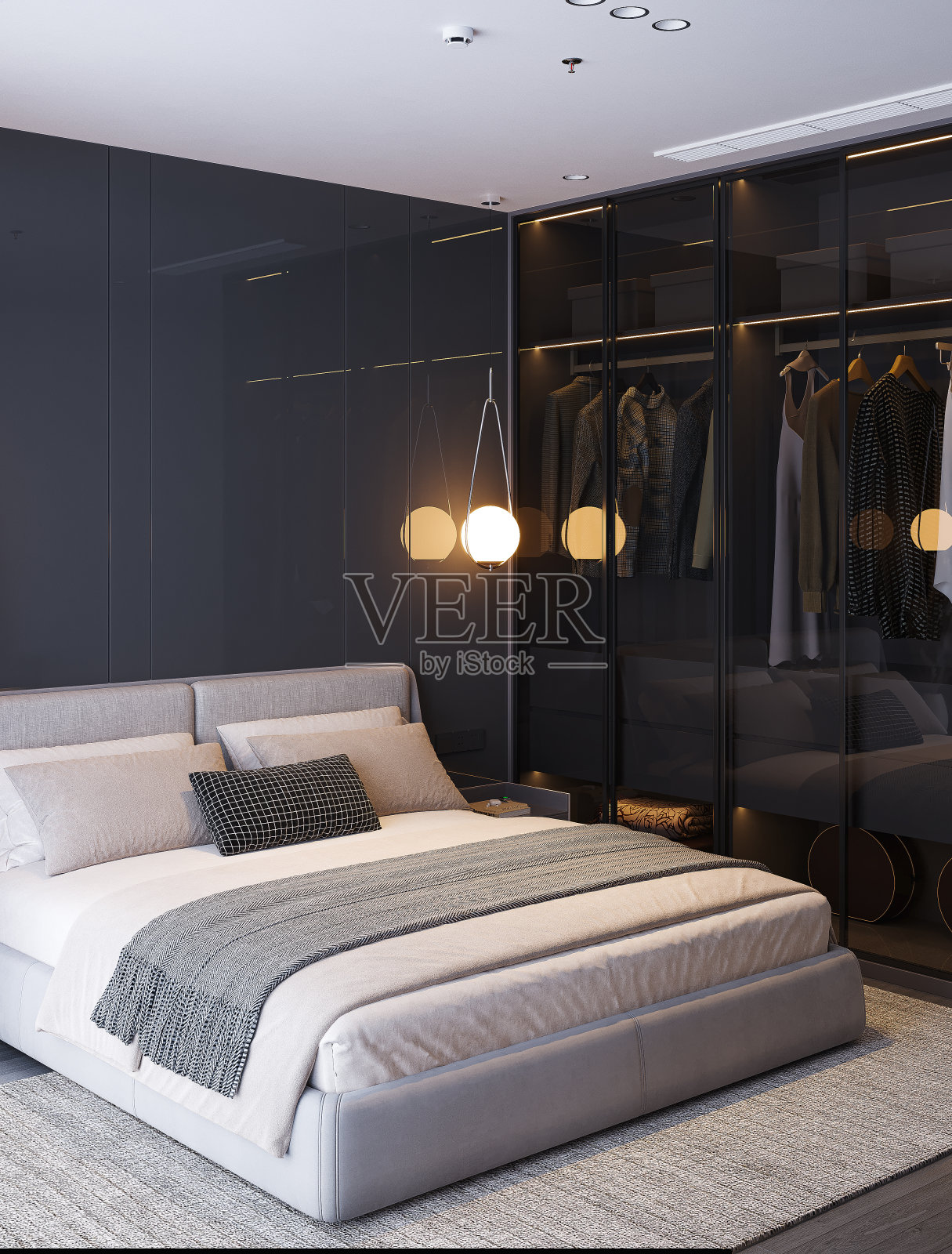 时尚现代的黑色卧室内饰配有玻璃衣柜，主卧衣柜配有滑动玻璃门，吊灯。3d渲染、插图照片摄影图片