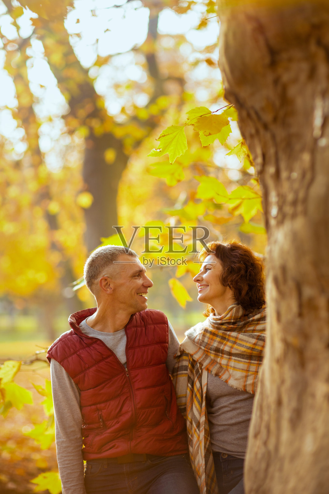 在树旁的公园里微笑的现代夫妇照片摄影图片