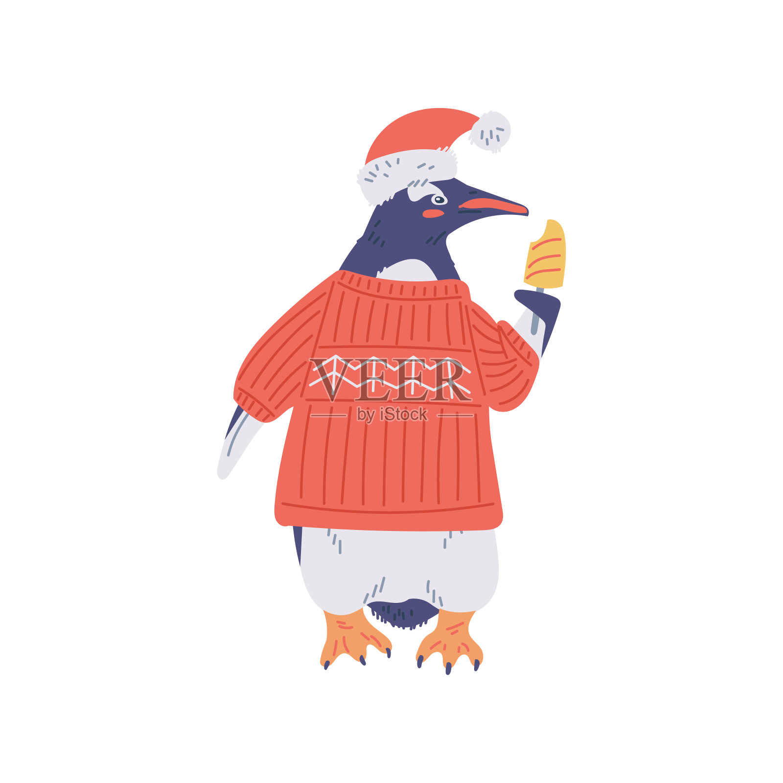 有趣的企鹅与冰淇淋，矢量插图孤立的白色。插画图片素材