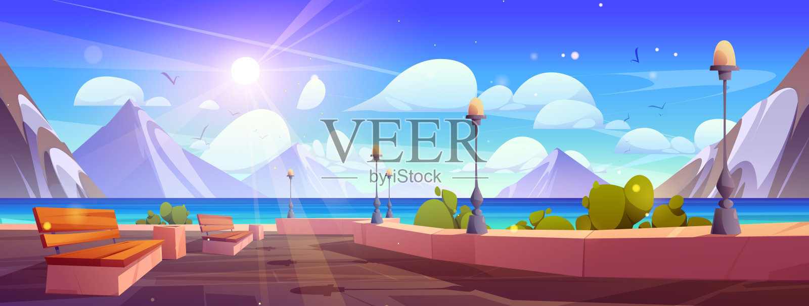 卡通海堤海滨长廊景观场景插画图片素材