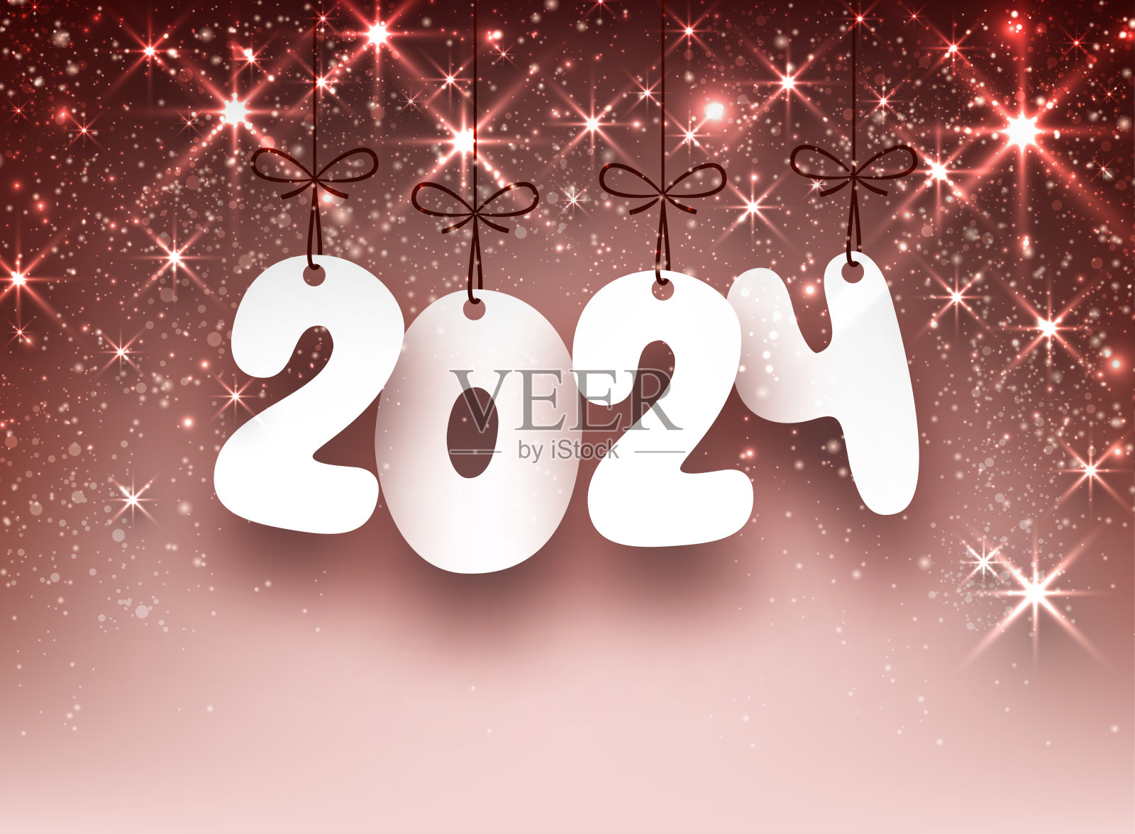 2024年新年海报，玫瑰背景上的白色数字，闪烁着光芒和闪亮的星星。插画图片素材