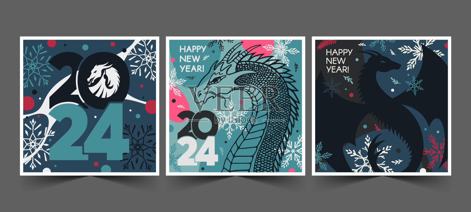 一套2024年新年快乐方形横幅，上面有龙、气球和雪花。矢量现代平面插图。插画图片素材