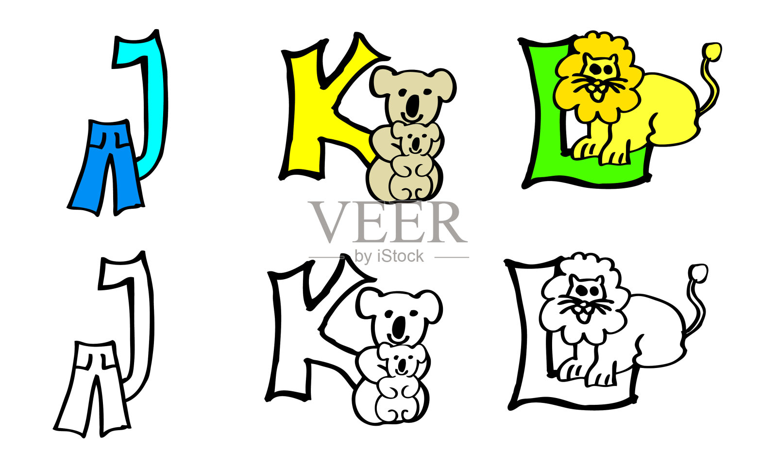 手绘彩色字母，配上图片和动物，学习ABC字母插画图片素材