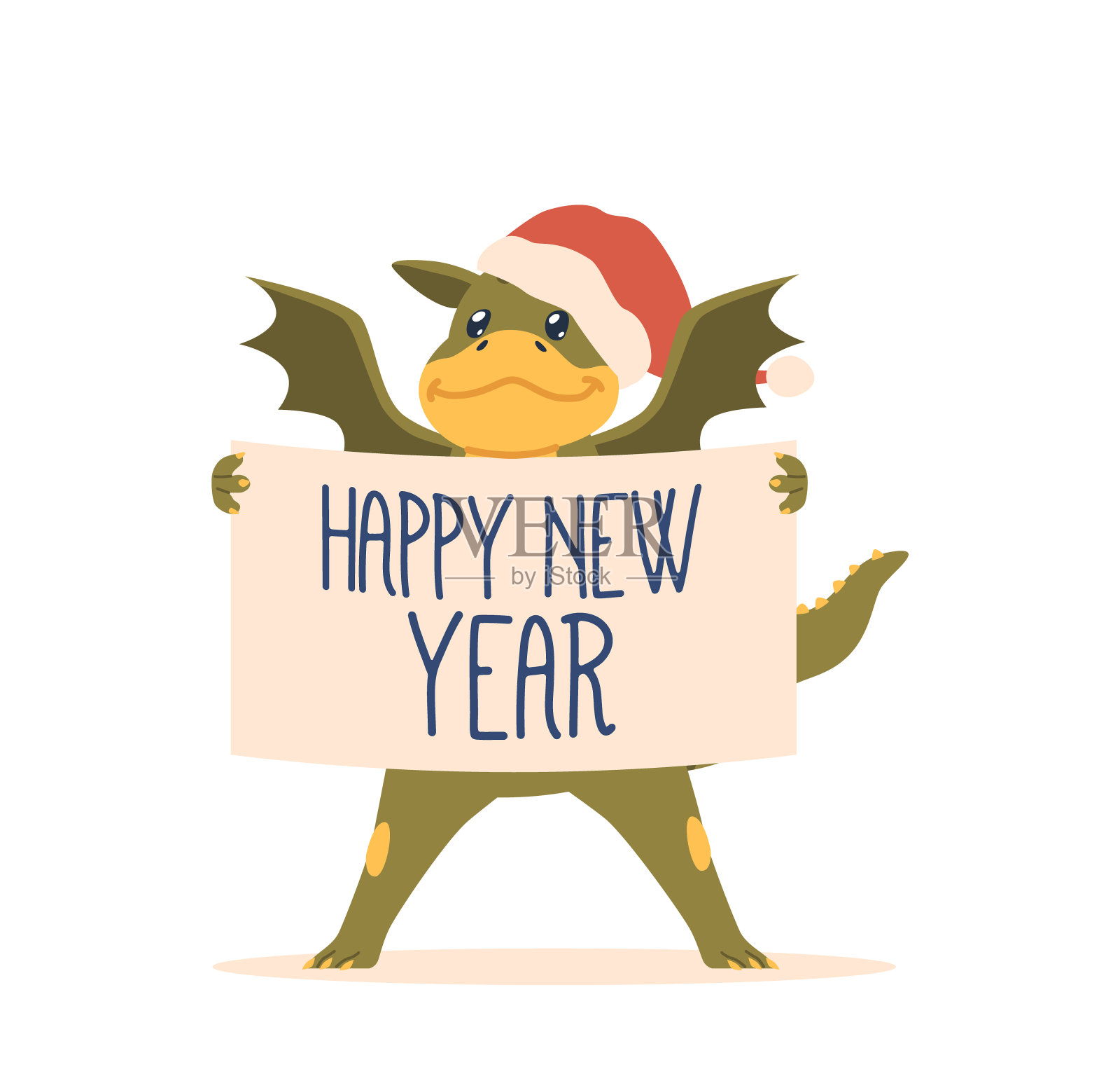 2024年的象征，卡通龙，顽皮的笑容，举着快乐的新年横幅，体现了顽皮的魅力插画图片素材