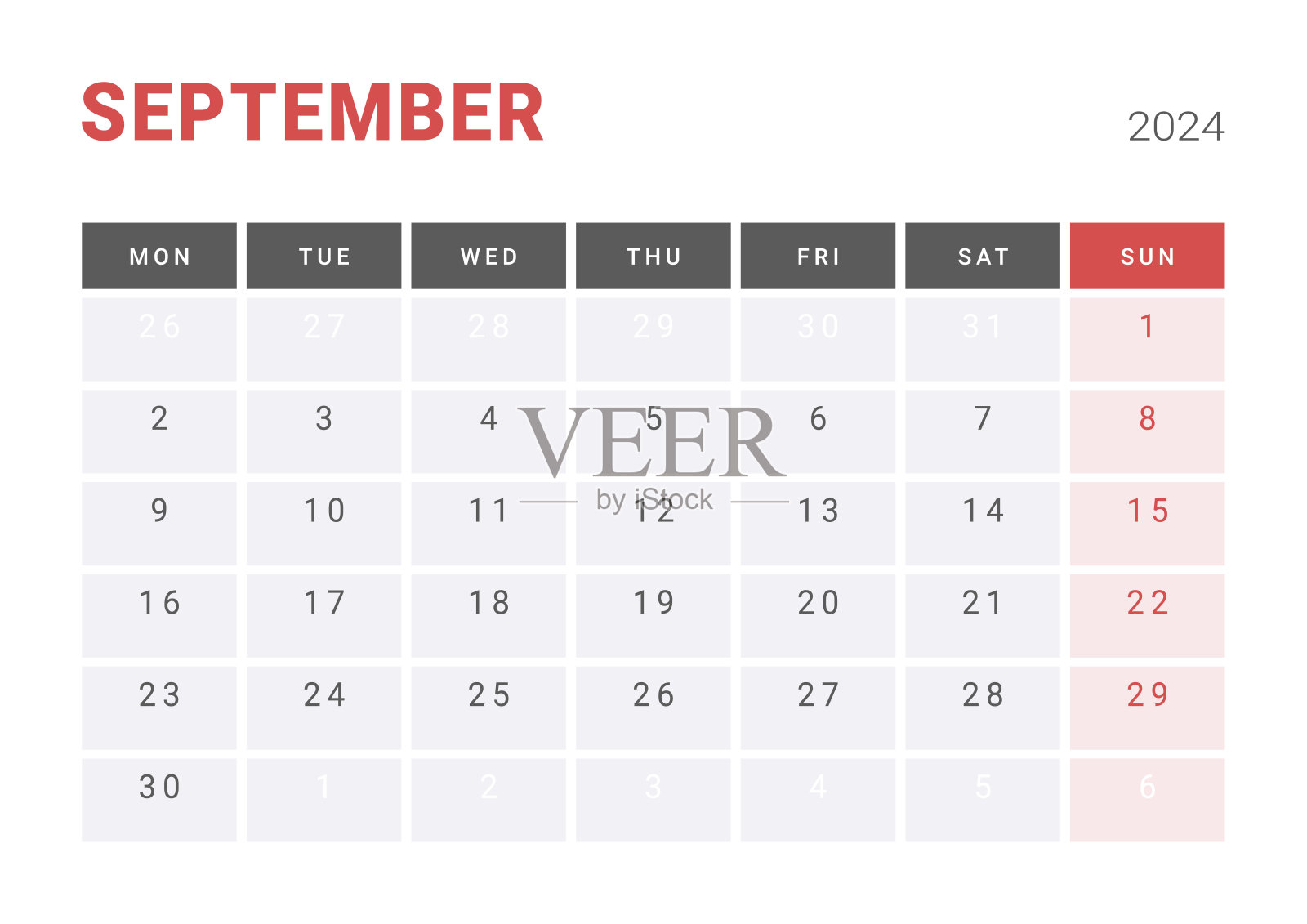 每月页面日历规划模板的9月2024。矢量布局的简单日历与周开始星期一打印。页码为A4或21x29.7公分插画图片素材