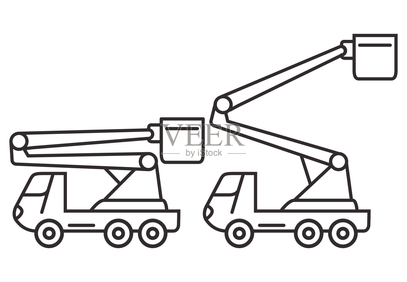斗式卡车线路图标。斗式吊臂卡车侧视图。空中平台。吊篮起重机。插画图片素材