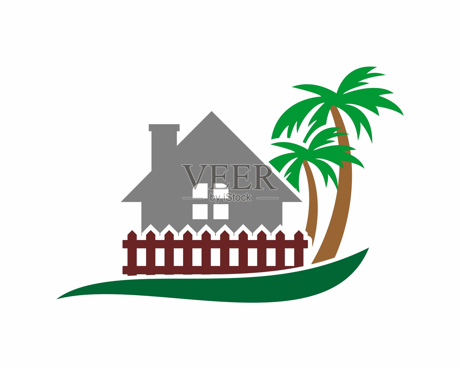 房子栅栏与棕榈树围绕矢量插画图片素材