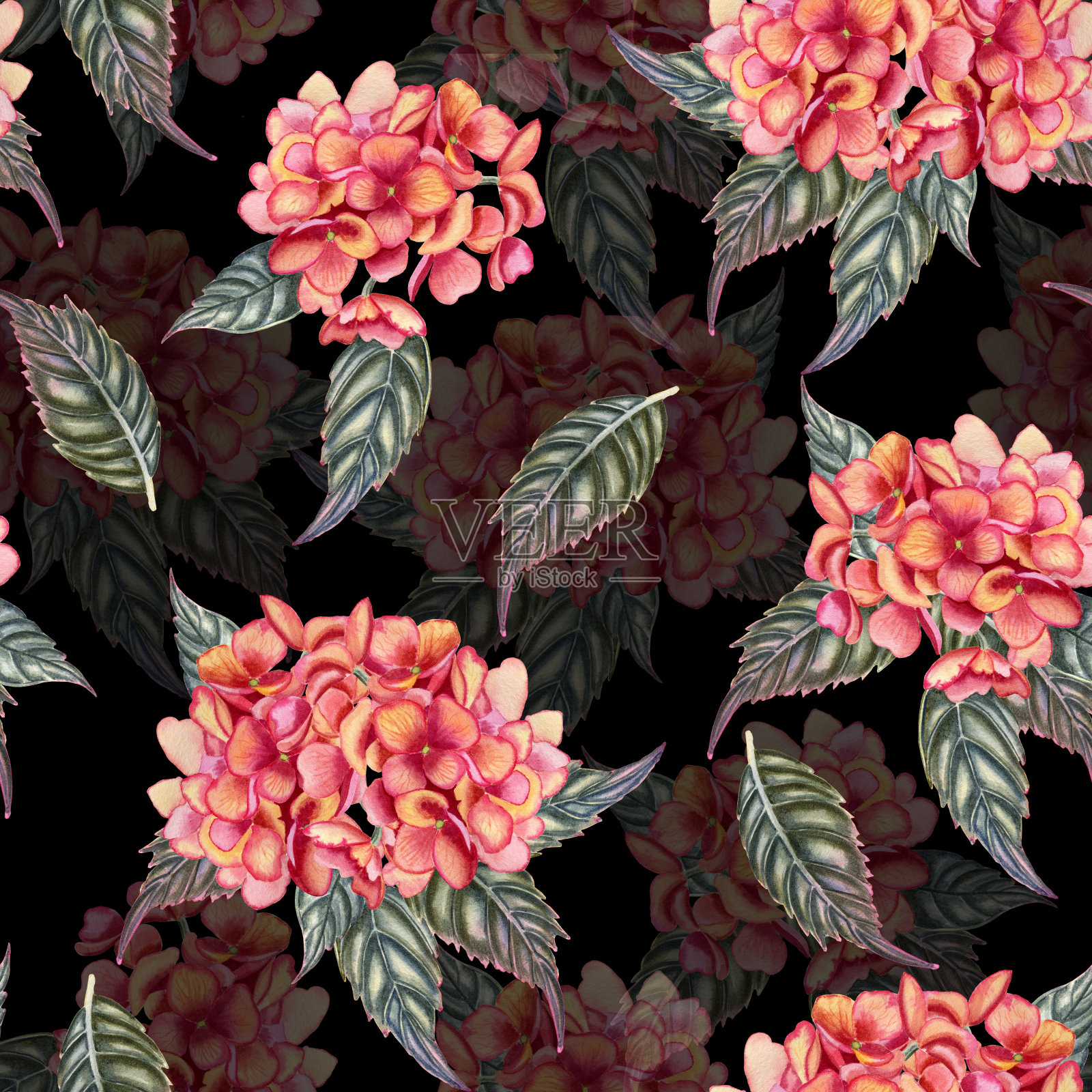 绣球花与叶子水彩无缝图案。手绘花束在秋天的颜色无尽的背景。织物和墙纸的打印。插画图片素材