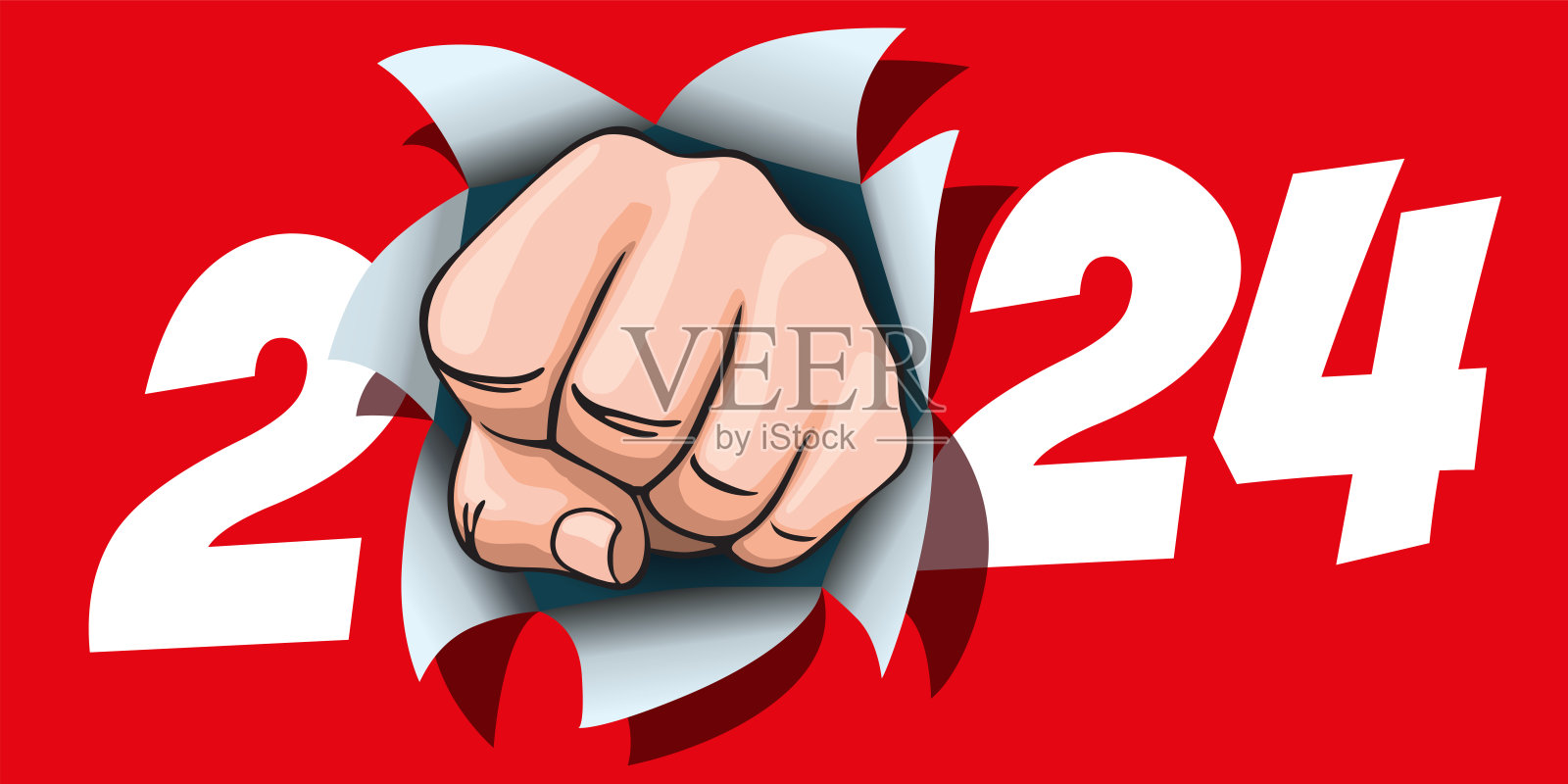 能源和电力概念2024贺卡，一个拳头穿过海报。插画图片素材