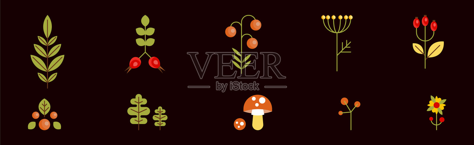 森林植物和植物平面图标黑色插画图片素材