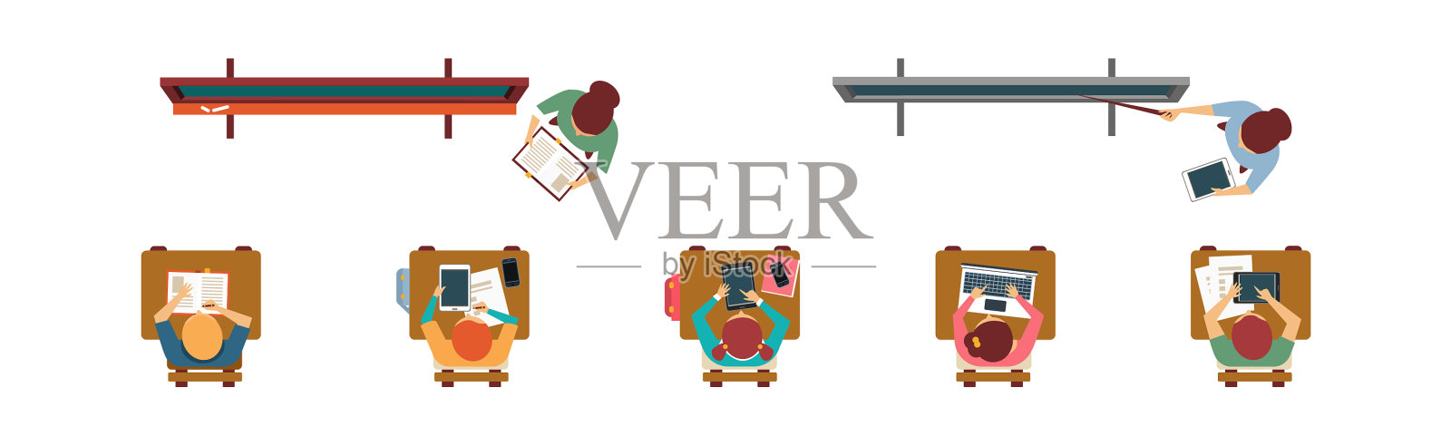 男生和女生或学生坐在课桌前插画图片素材