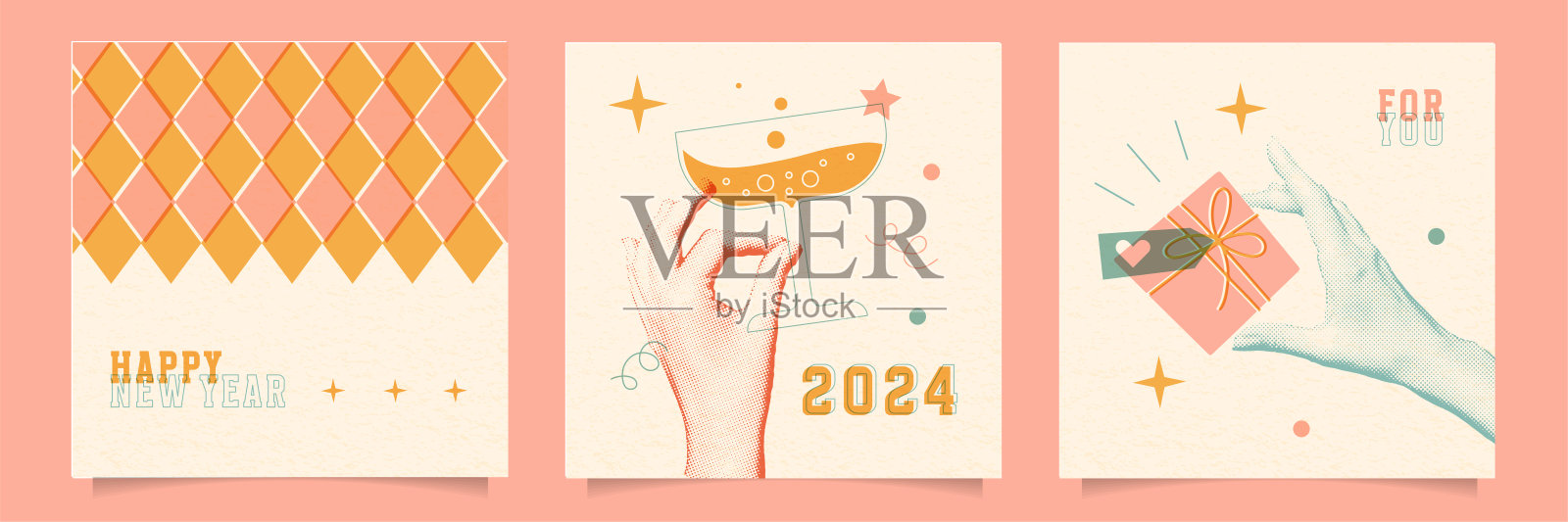 一套复古的海报在一个时髦的risograph印刷风格。新年快乐创意贺卡与半色调手捧香槟和礼盒。矢量复古印刷插图插画图片素材