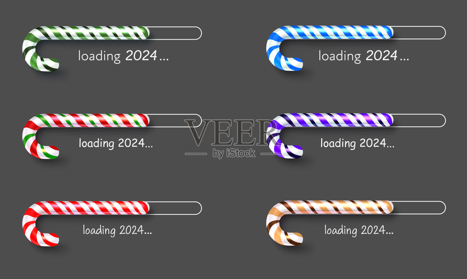 新年一套五颜六色的闪亮的装载棒，在灰色的背景上由甜的现实糖果制成。插画图片素材