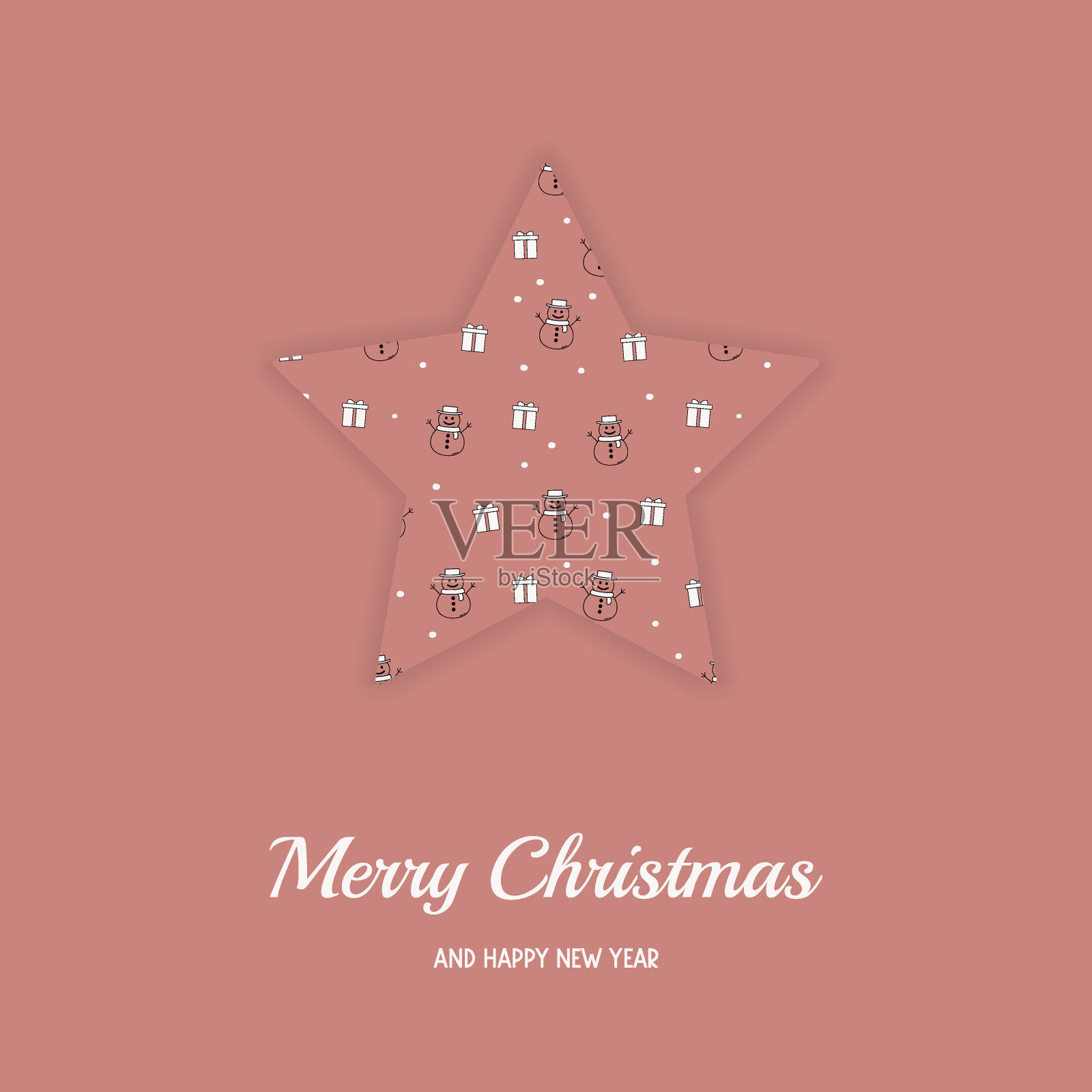 圣诞之星上有笑脸雪人和问候。圣诞卡片。向量插画图片素材