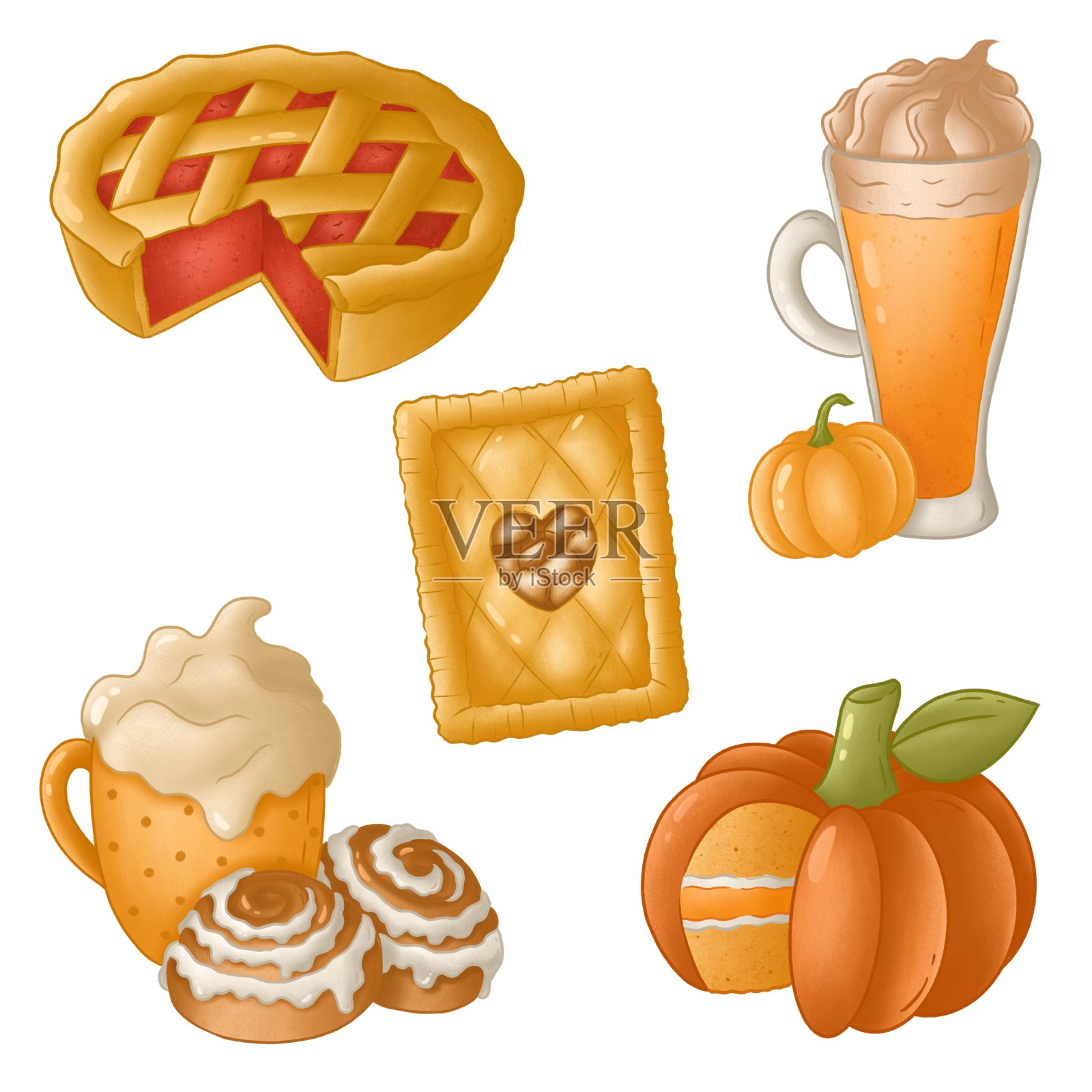 秋季图标集：数字水彩秋景、南瓜拿铁、南瓜菜肴、感恩节食物，白色背景插画图片素材