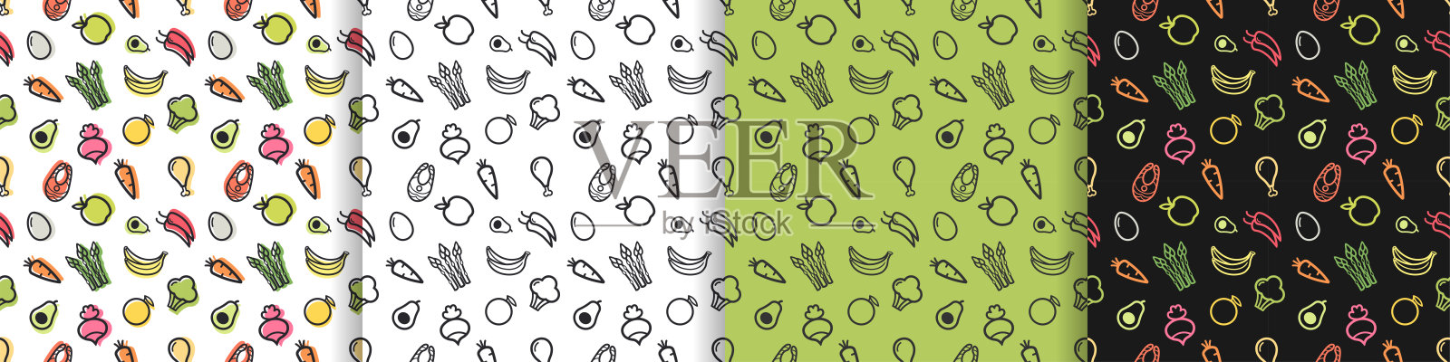 一组极简线性模式与水果和蔬菜。健康饮食和健康食品的概念。矢量插图包装。插画图片素材