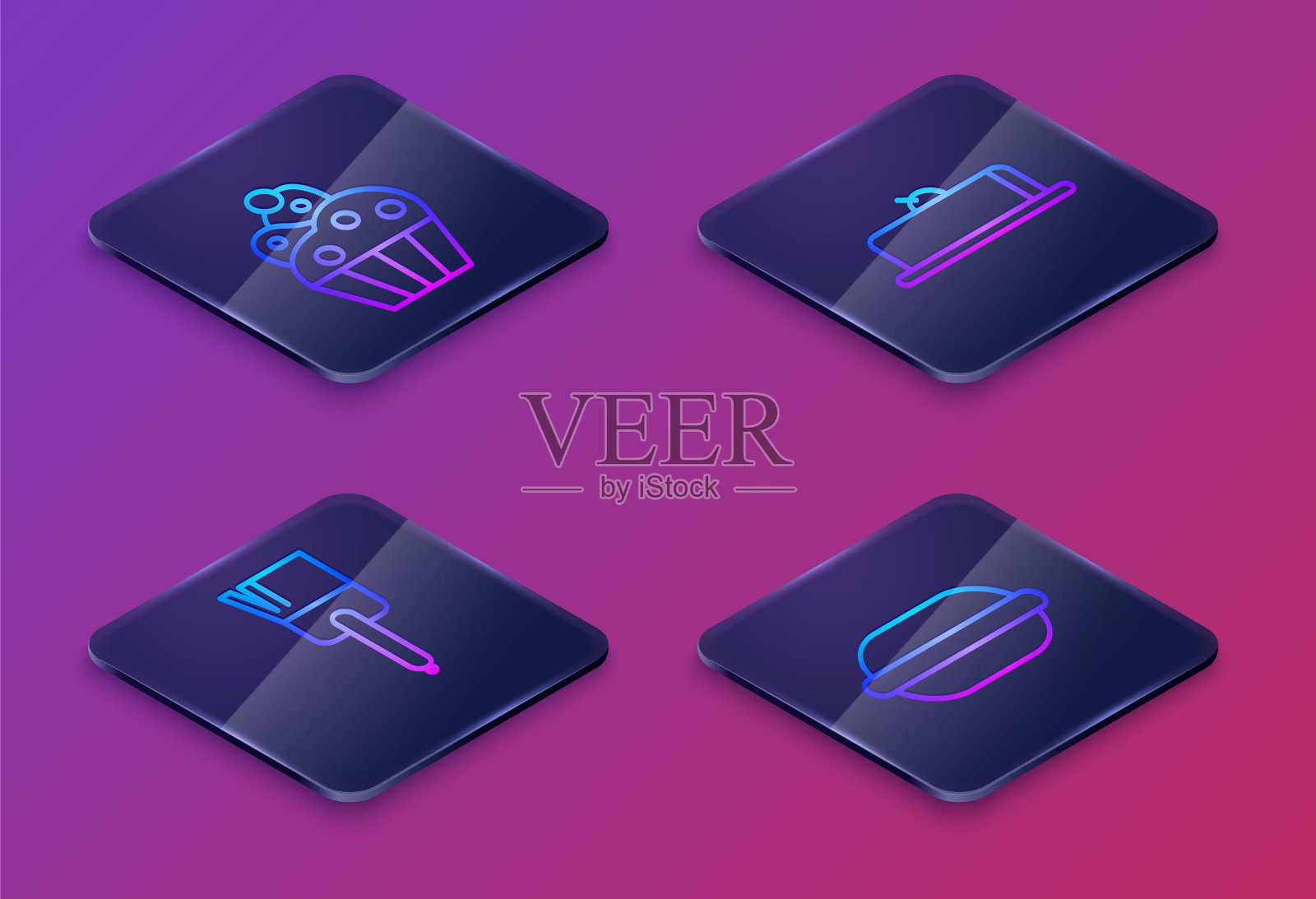 蛋糕，厨房刷，草莓芝士蛋糕片和马卡龙饼干。蓝色方形按钮。向量插画图片素材