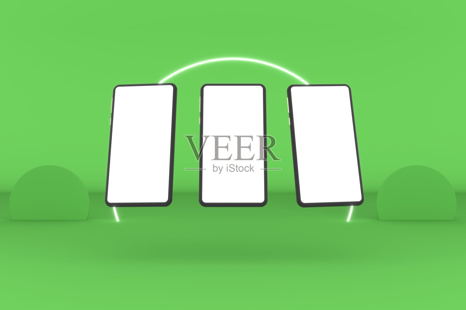 3d智能手机白色彩色屏幕与背景绿色与环圈霓虹白色。三维插图渲染照片摄影图片