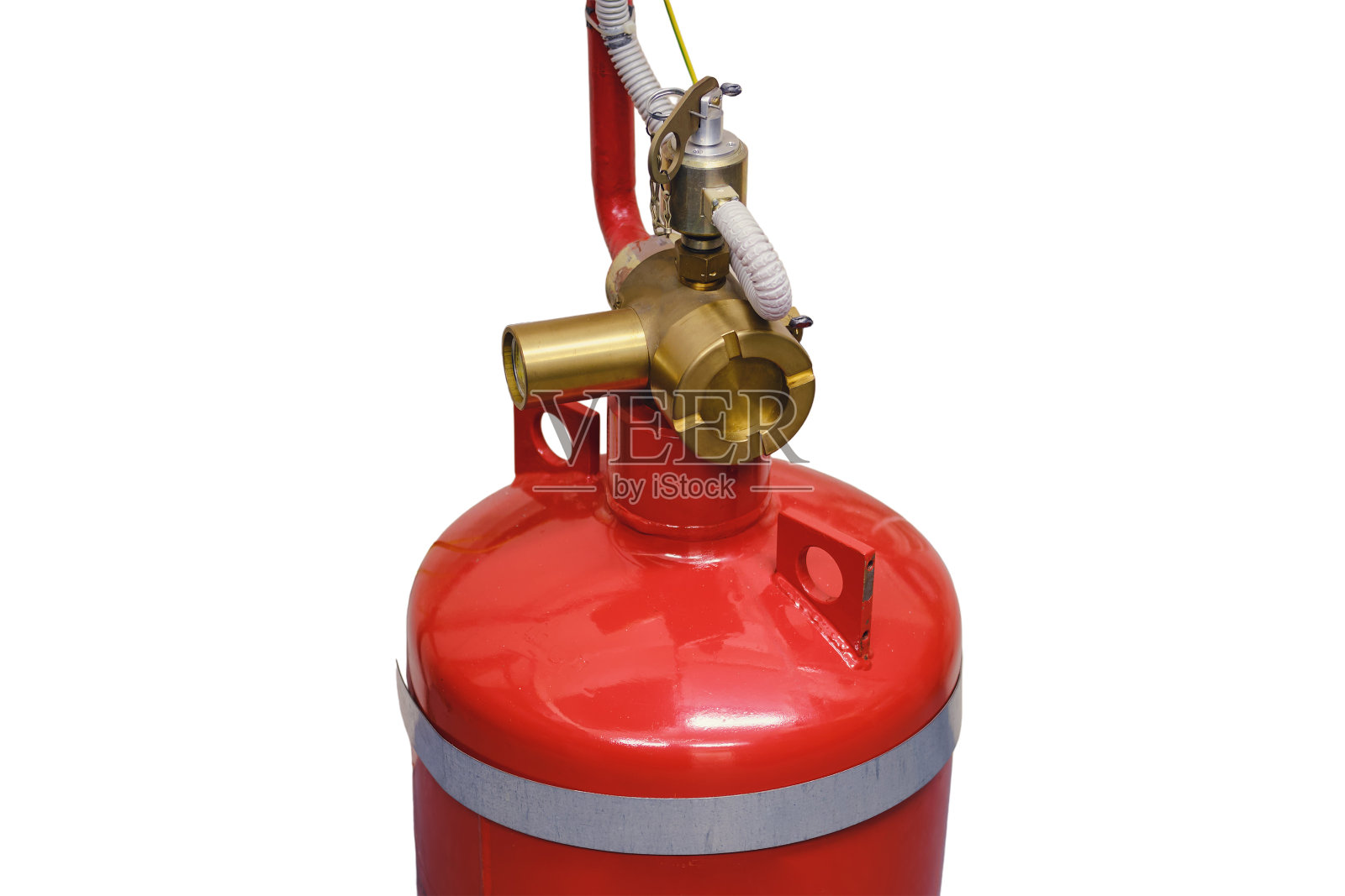 气体管道和充满二氧化碳的气球为工业消防系统提供动力，隔离在白色背景上。照片摄影图片