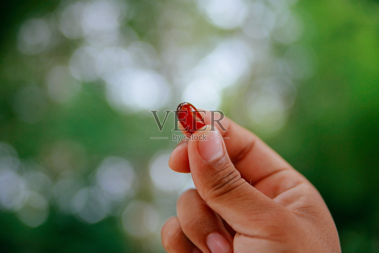 手持红色药丸照片摄影图片