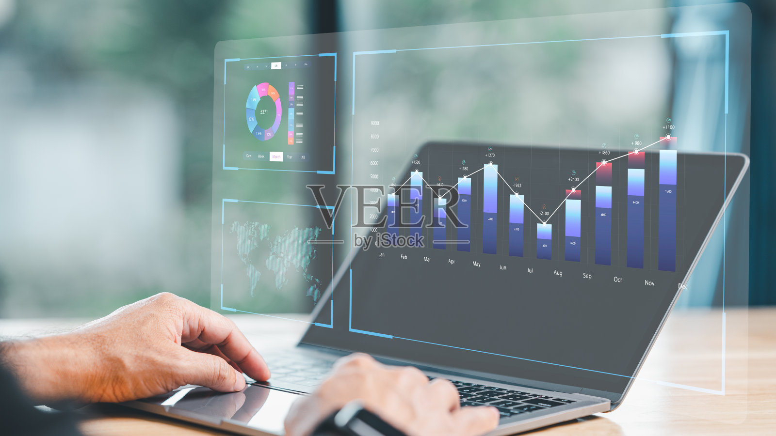 图为，一位企业家正在分析积极的2023年企业增长概念指标。商人分析股票交易图表财务数据。股票市场投资基金和数字资产。照片摄影图片