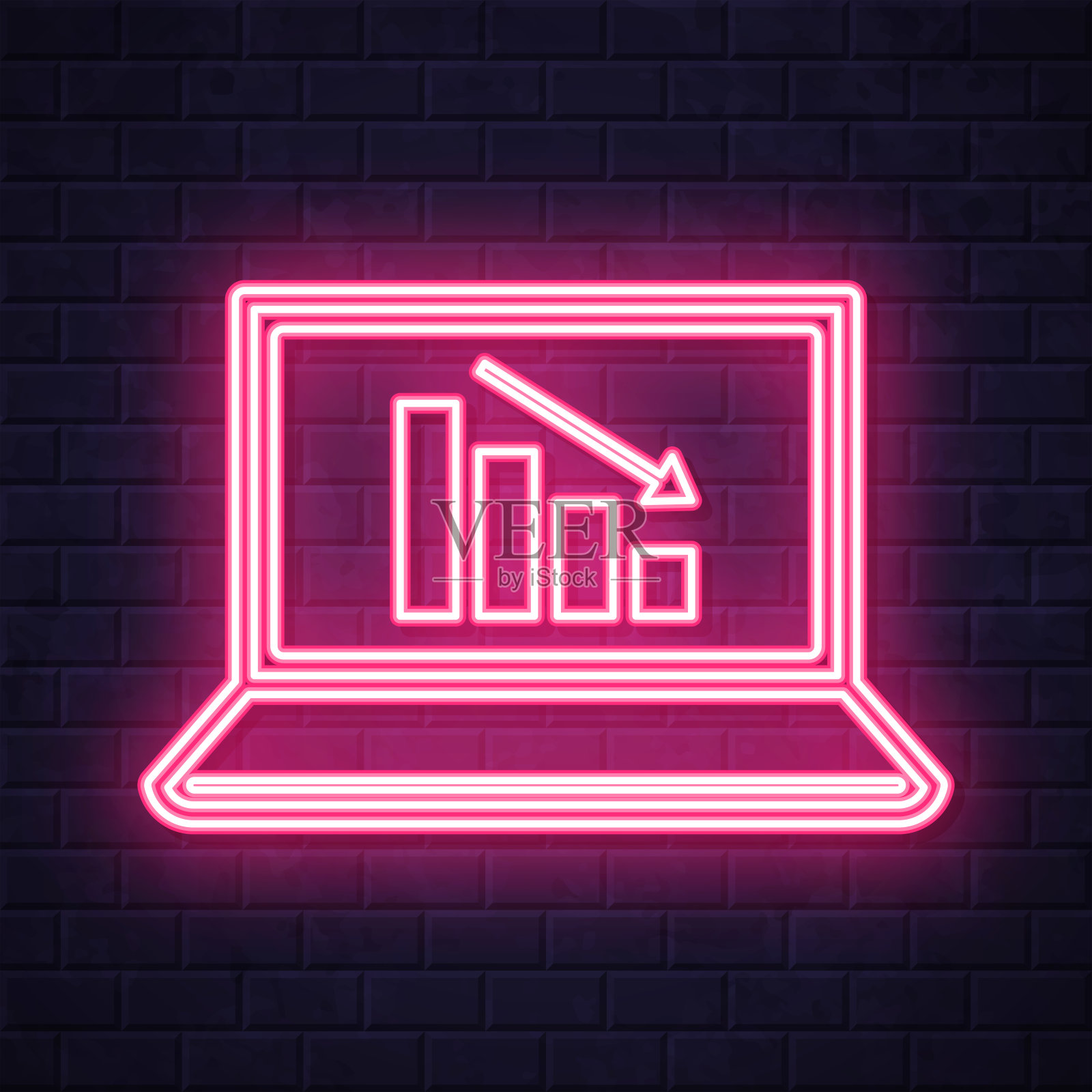 笔记本电脑上的递减图表。在砖墙背景上发光的霓虹灯图标插画图片素材